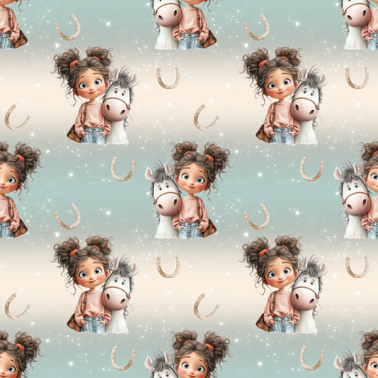 Nahtloses Kinderstoff Design mit süßem Mädchen und Pferd vor sanftem Beige-Mint Hintergrund mit kleinen Hufeisen