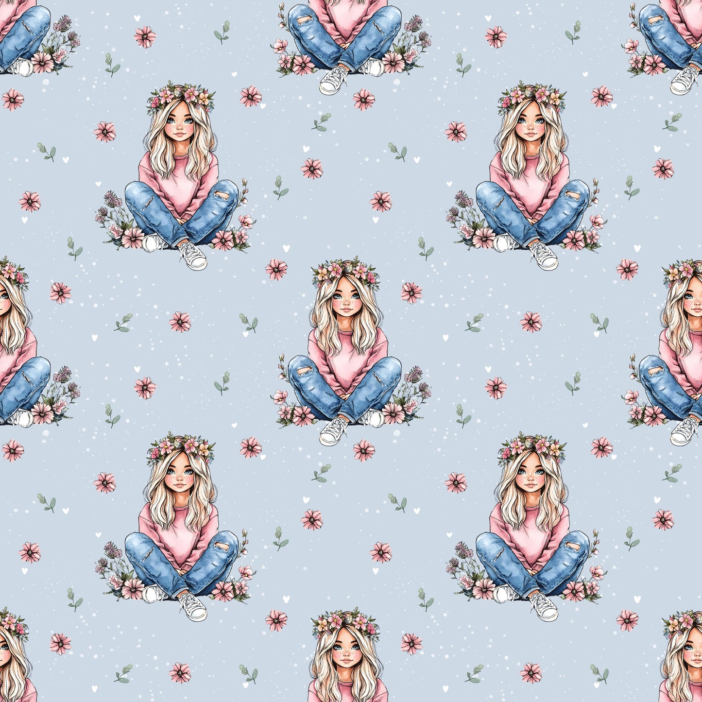 Detailansicht des Mädchen-mit-Blumen Stoffdesigns mit Blumenkranz und sanften Farbakzenten, perfekt für liebevolle Handmade-Projekte.