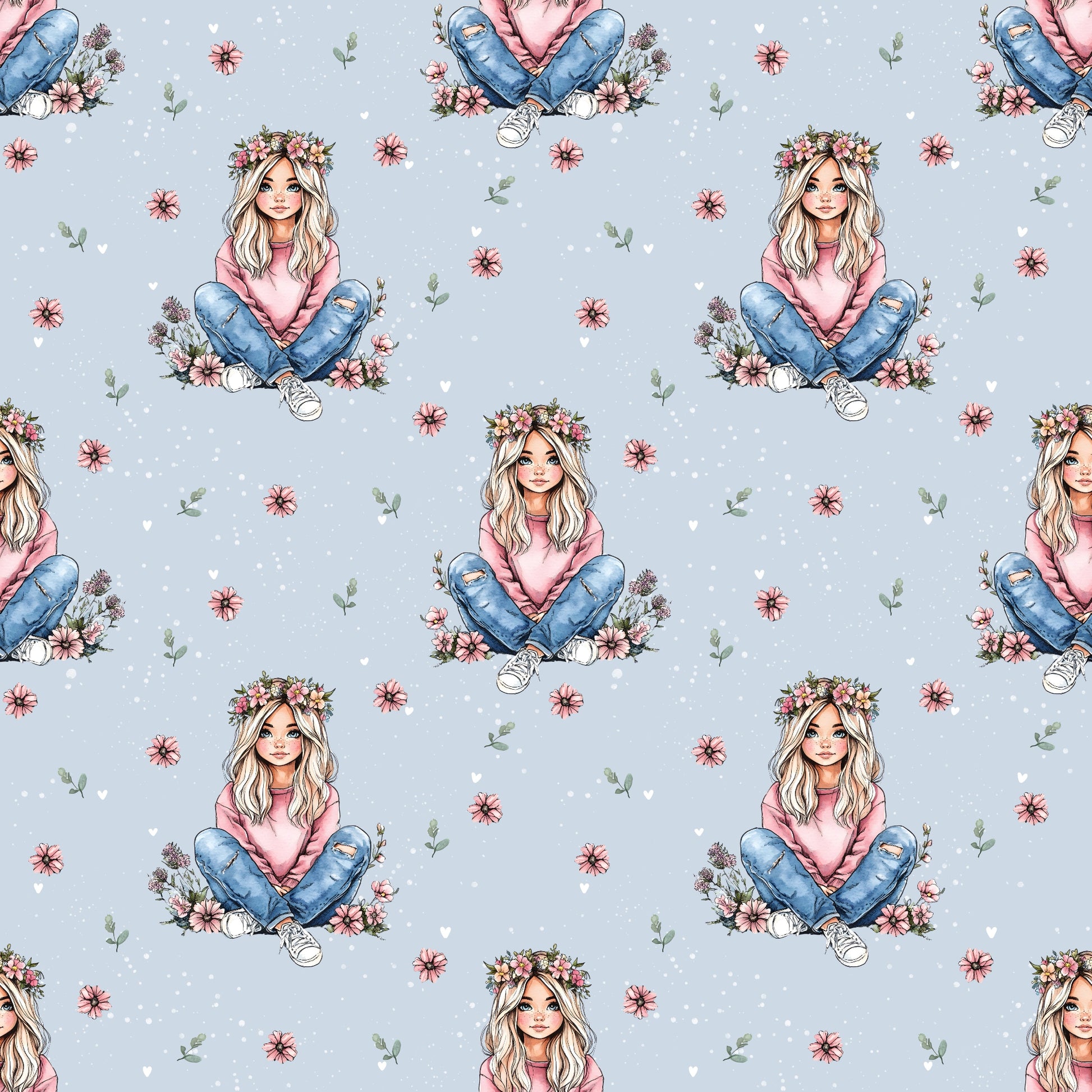Detailansicht des Mädchen-mit-Blumen Stoffdesigns mit Blumenkranz und sanften Farbakzenten, perfekt für liebevolle Handmade-Projekte.