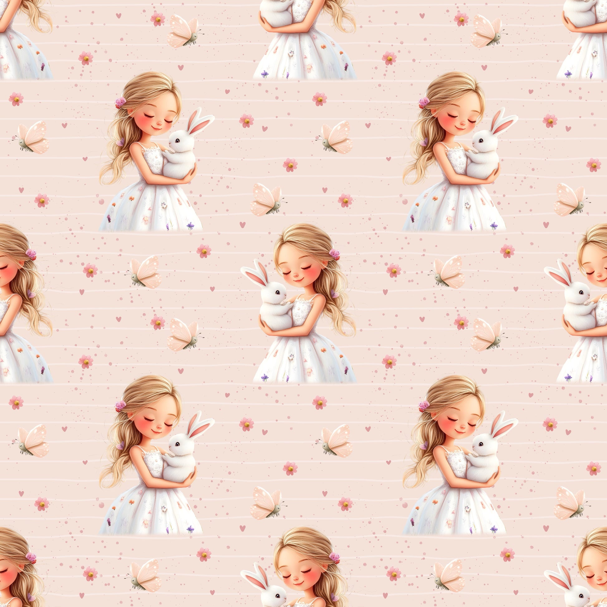 Nahtloses Muster „Mädchen mit Hase“ auf Ripp-Jersey – florale Pastellmotive & Schmetterlinge für Baby- & Kinderkleidung