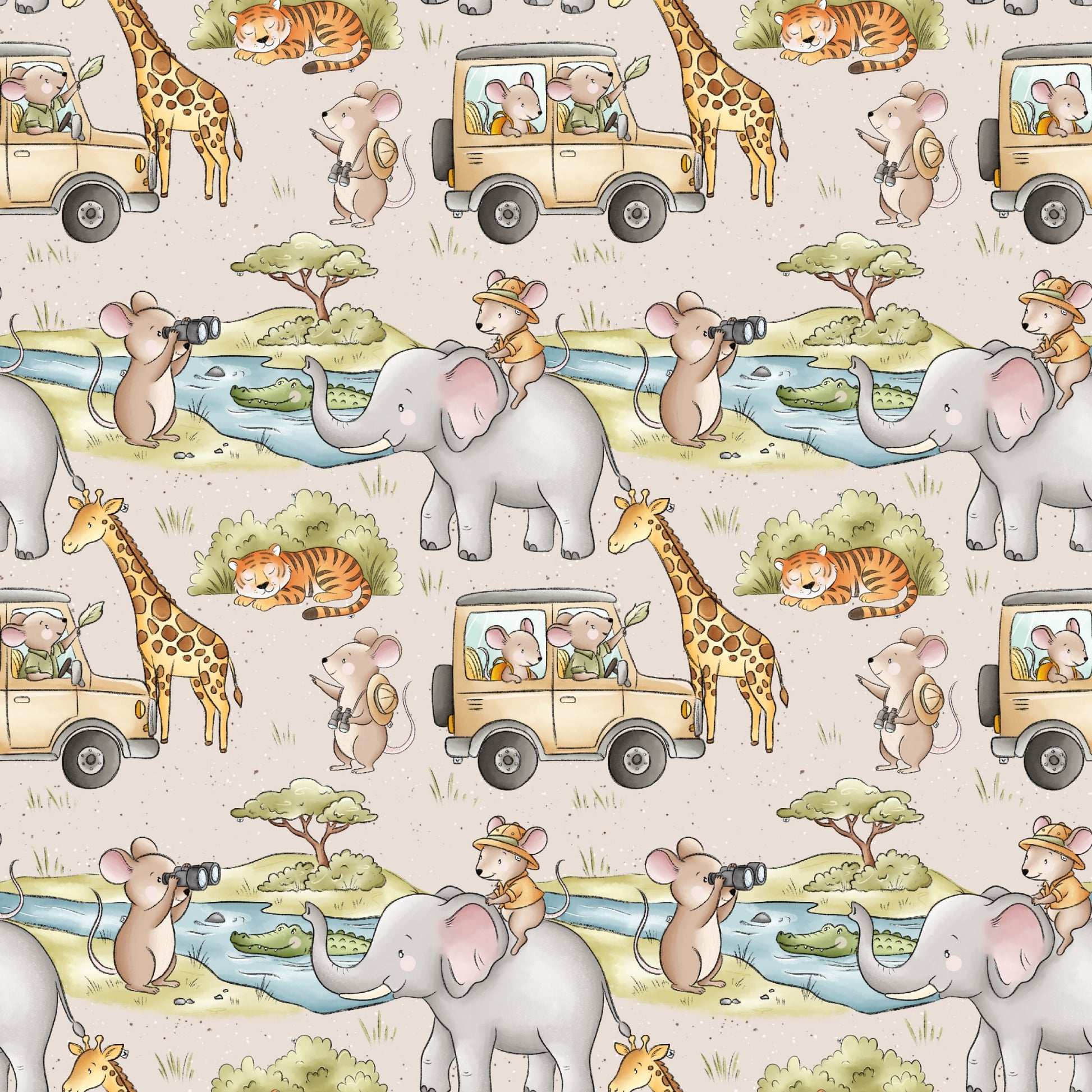 Allover-Muster mit Safari-Mäusen, Elefanten, Giraffen, Tigern, Krokodil und Safari-Jeep in natürlichen Beige- und Grüntönen