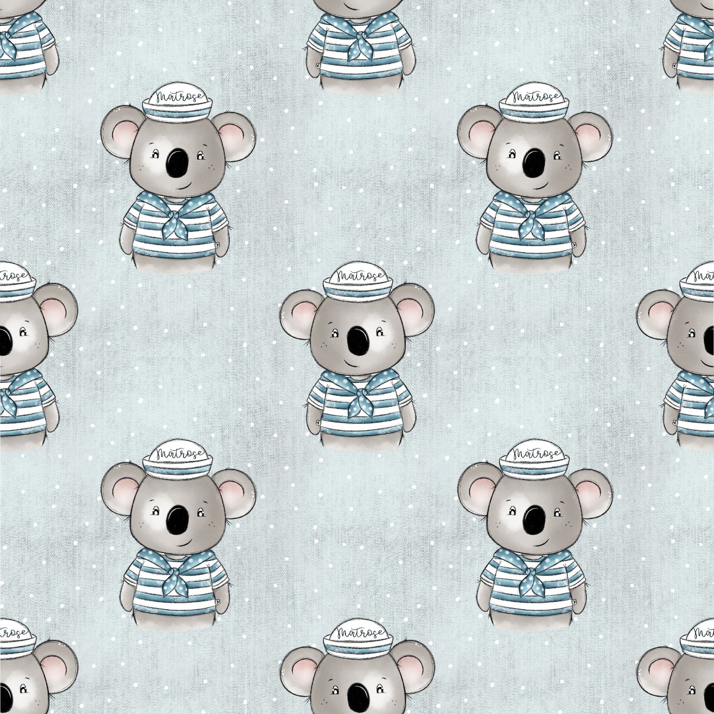 Allover-Muster mit süßem Koala im Matrosenshirt und Matrosenmütze auf hellblauem Hintergrund mit feinen Punkten für Baby- und Kinderkleidung