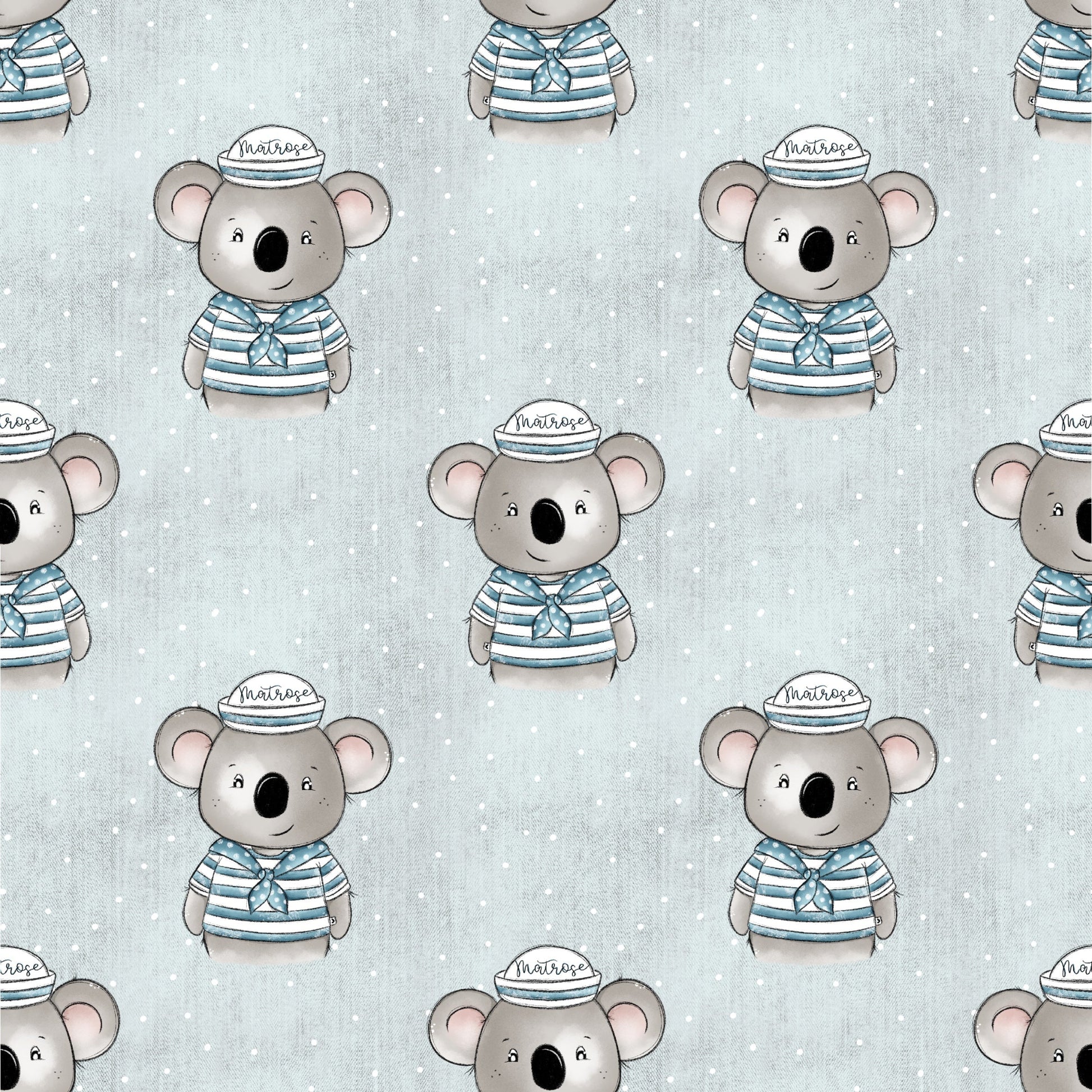 Allover-Muster mit süßem Koala im Matrosenshirt und Matrosenmütze auf hellblauem Hintergrund mit feinen Punkten für Baby- und Kinderkleidung