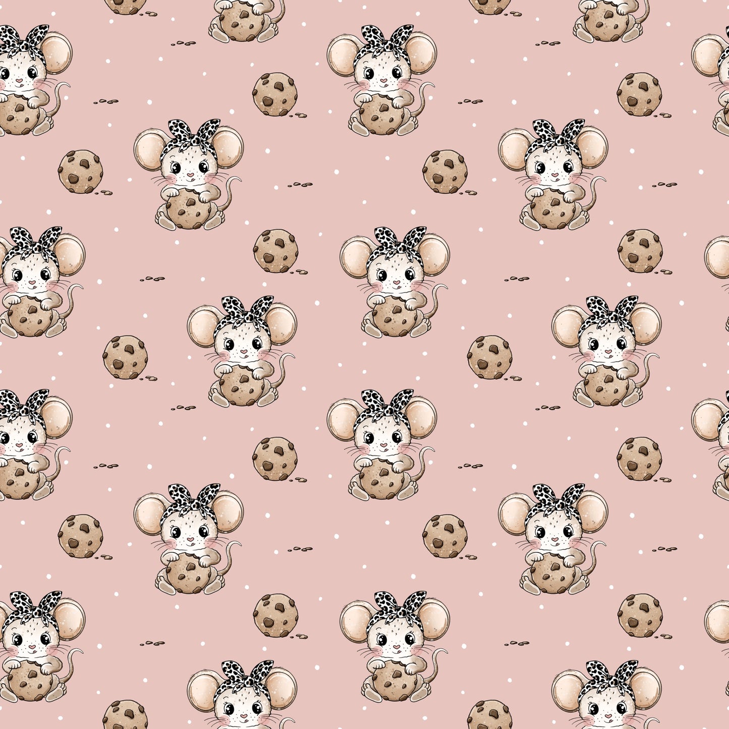 nahtloses rosa Stoffmuster mit niedlichen kleinen Mäusen mit Schleife und Keks, verspielter Kinderstoff mit Pünktchen