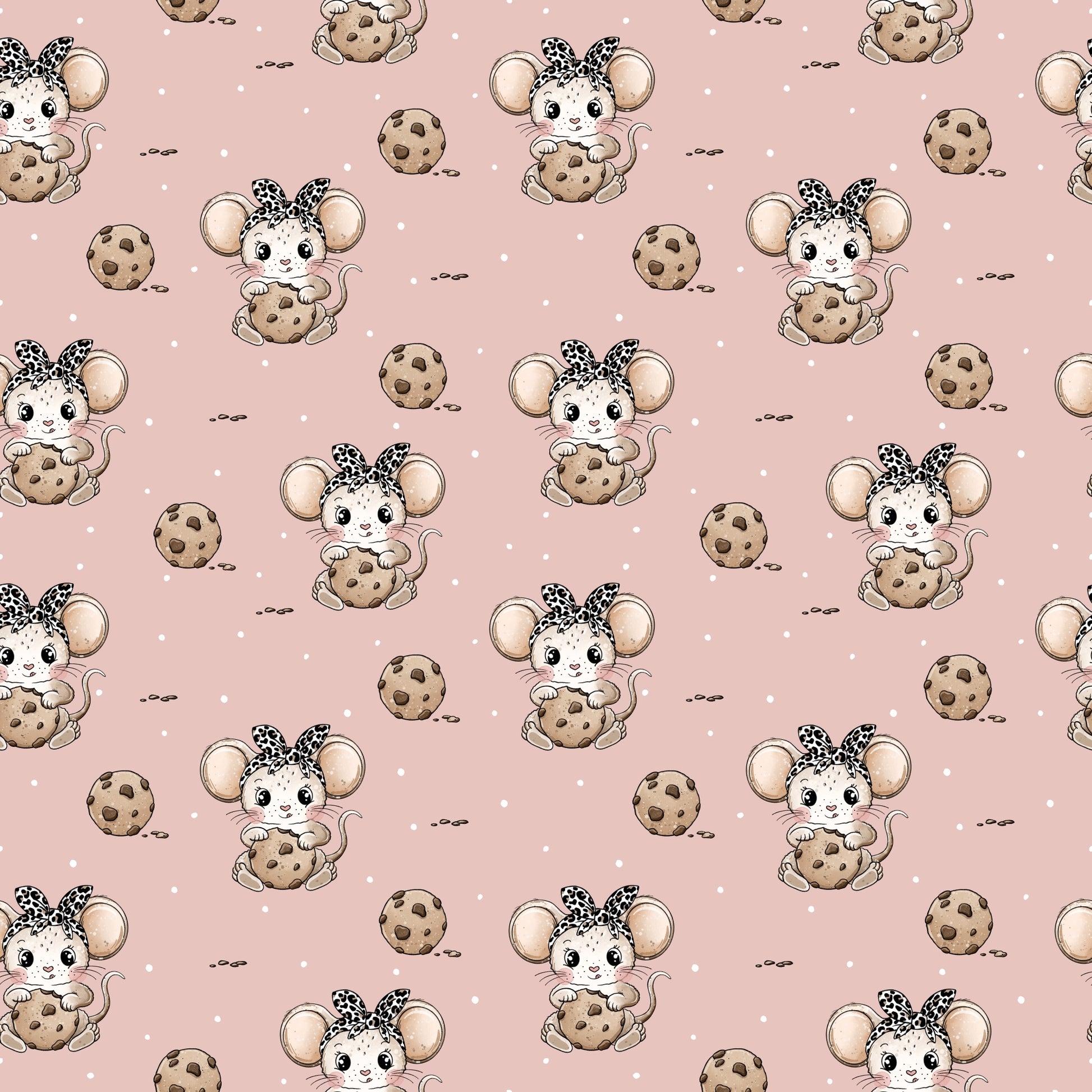 nahtloses rosa Stoffmuster mit niedlichen kleinen Mäusen mit Schleife und Keks, verspielter Kinderstoff mit Pünktchen