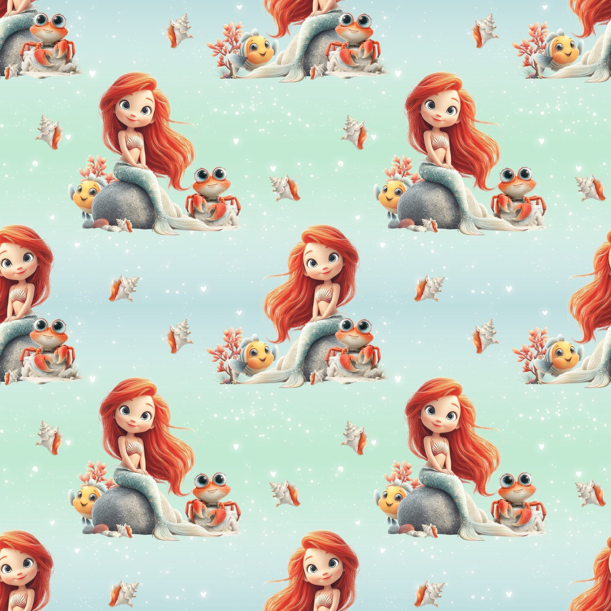 Nahtlos wiederholendes Muster „Meereszauber“ – Meerjungfrau mit roten Haaren, Meeresfreunden und Muscheldetails in zarten Aqua- und Korallentönen