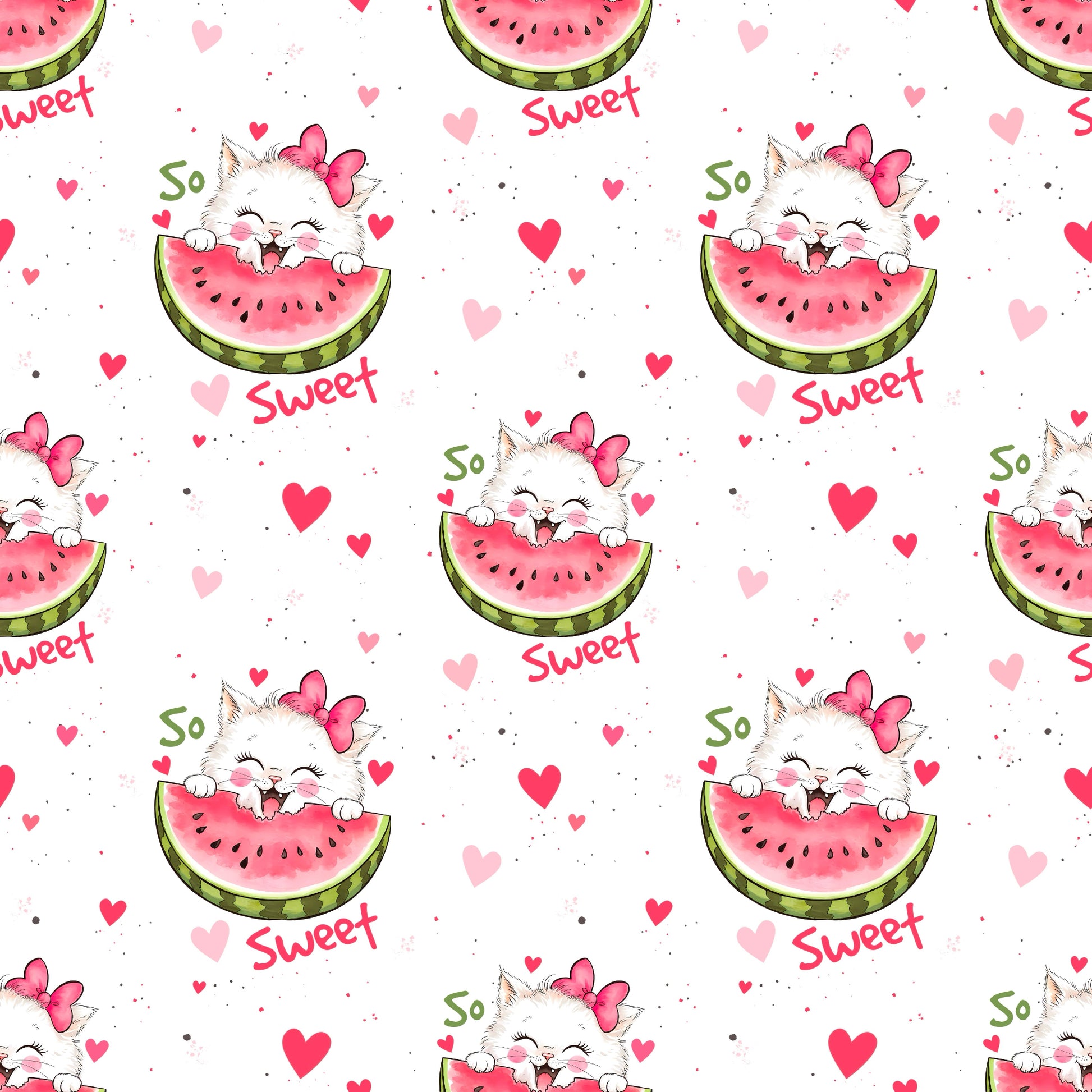 Nahtloses Stoffmuster mit dem Design "Melonenkatze" mit süßem Katzenmotiv und Herzen.