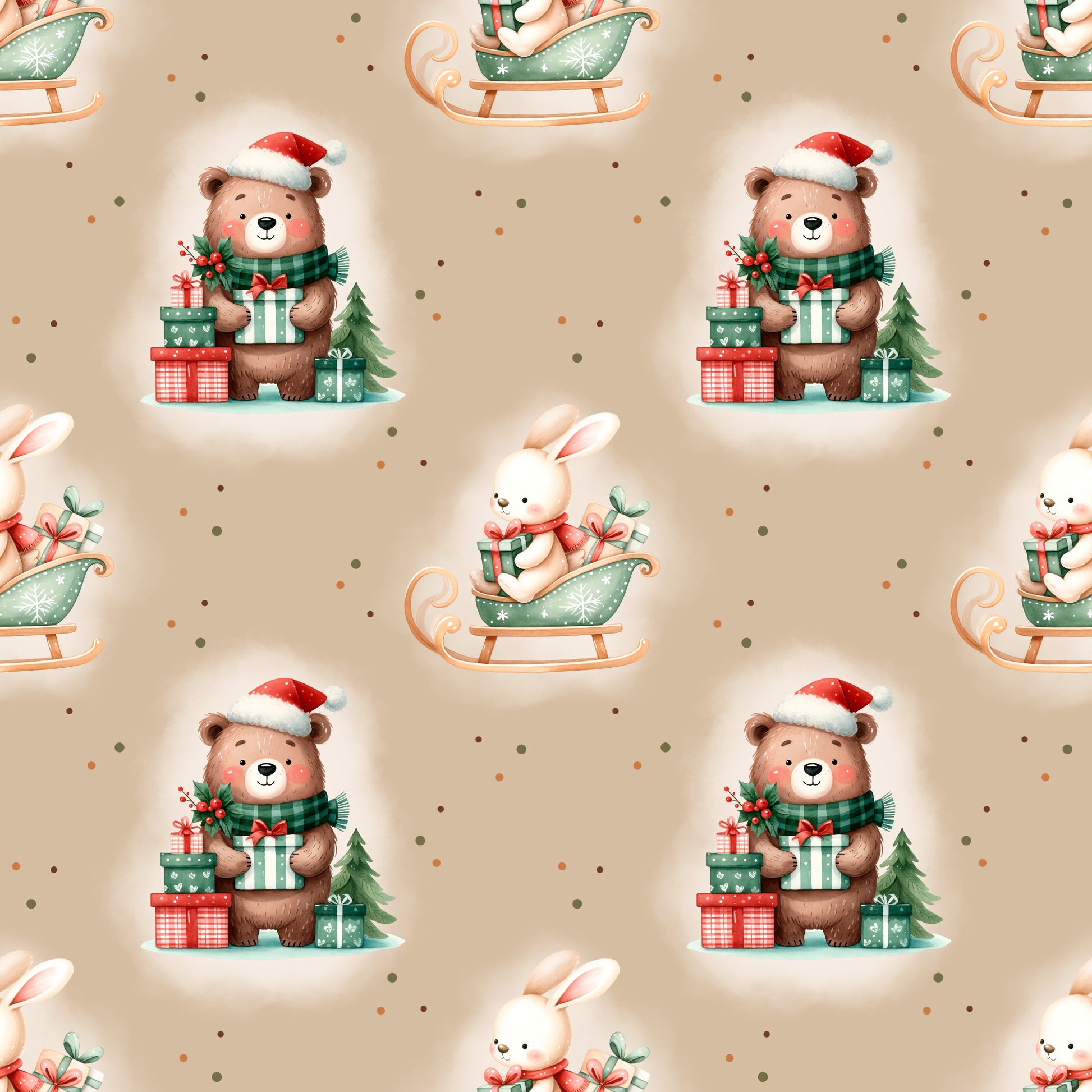 Festlicher Stoff „Merry Christmas“ mit niedlichen Weihnachtsmotiven – Bären, Hase, Geschenke und Tannenbaum für kreative Nähideen.