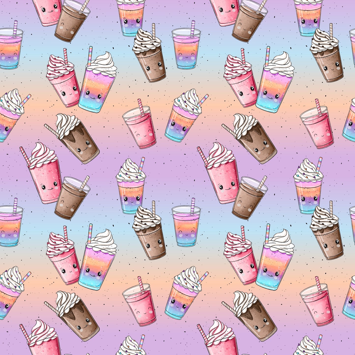 Verspieltes Milchshake-Muster mit niedlichen Bechern, Sahnehäubchen und Pastellfarbverlauf in Rosa, Flieder und Blau.