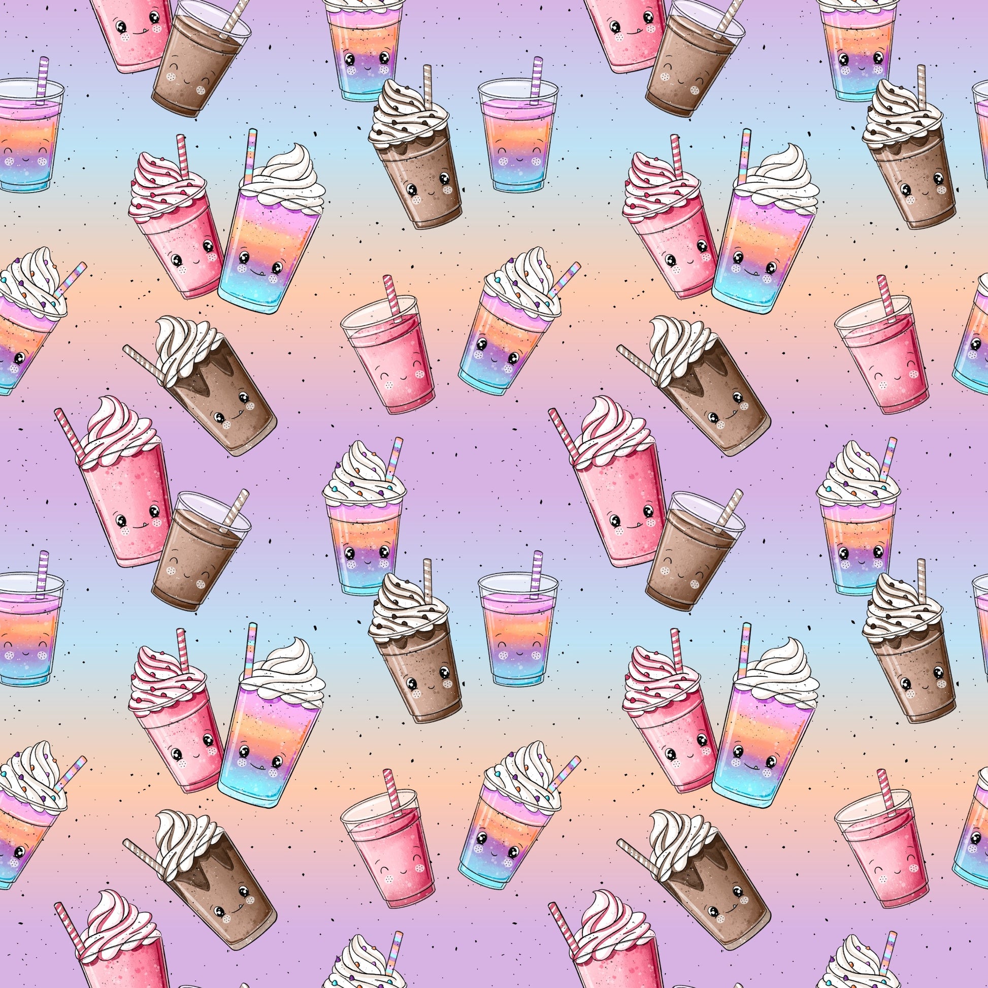 Verspieltes Milchshake-Muster mit niedlichen Bechern, Sahnehäubchen und Pastellfarbverlauf in Rosa, Flieder und Blau.