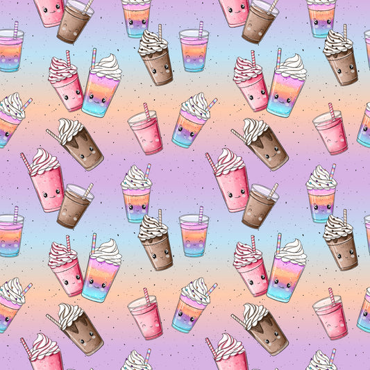 Verspieltes Milchshake-Muster mit niedlichen Bechern, Sahnehäubchen und Pastellfarbverlauf in Rosa, Flieder und Blau.