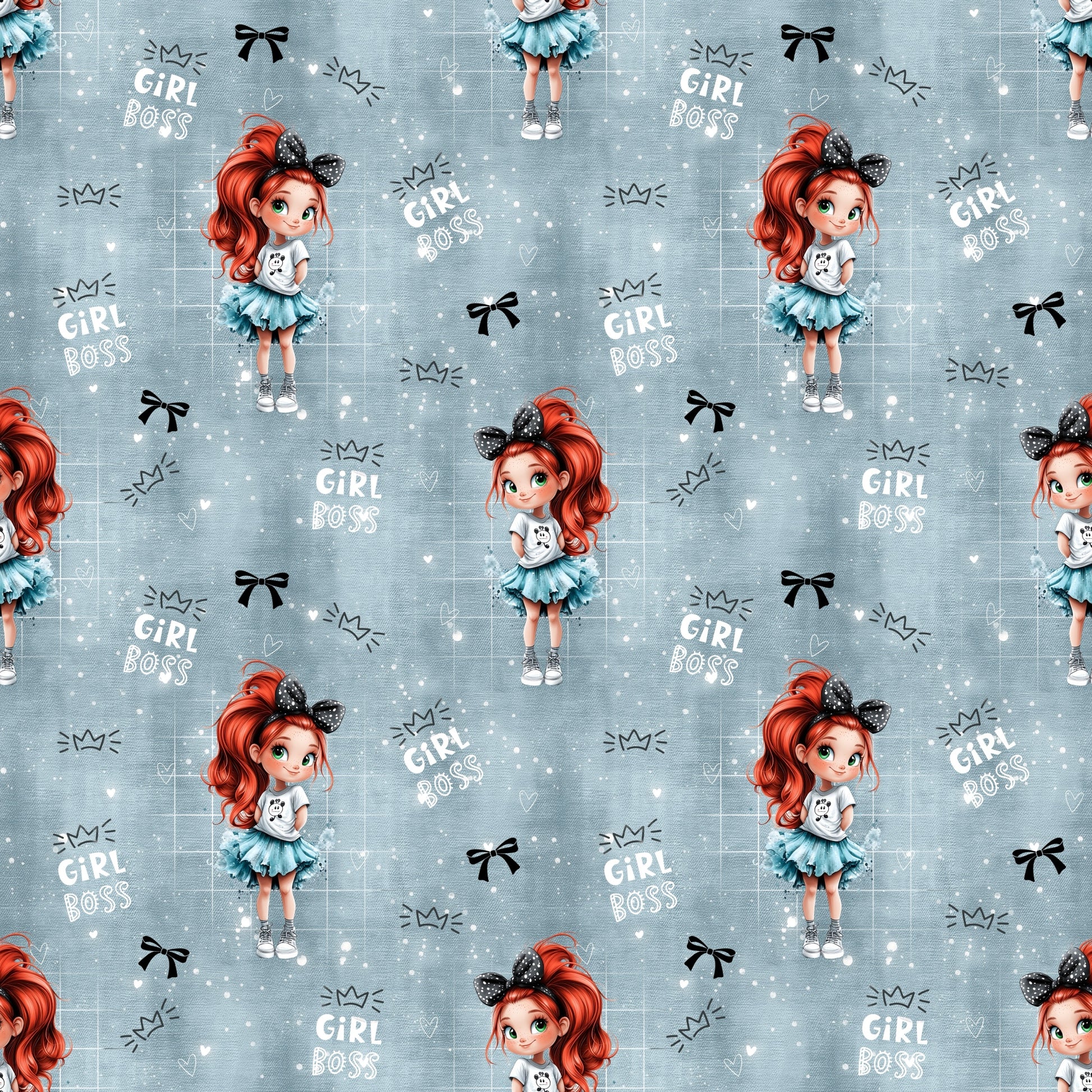 Nahtlose Mini Boss Girl Stoffkachel mit süßem Girl-Boss-Motiv, kleinen Schleifen, Scribbles und hellem Glitzerpunkt-Effekt auf blau-grauem Hintergrund
