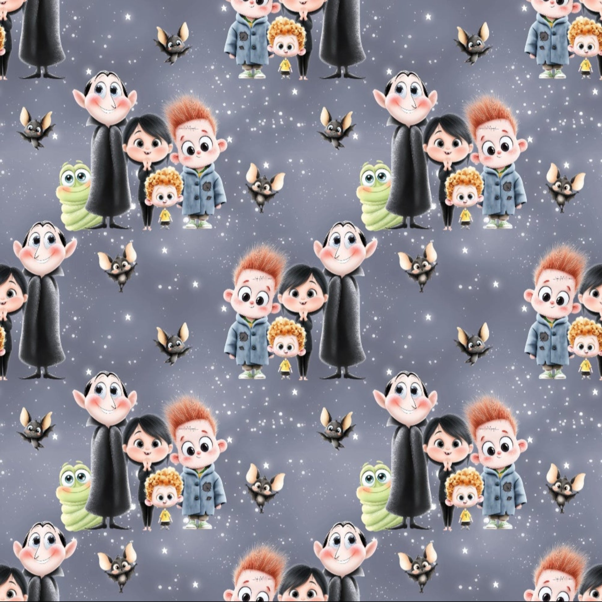 Nahtloses Stoffdesign „Monsterbande mit Herz“ mit Monsterprint.