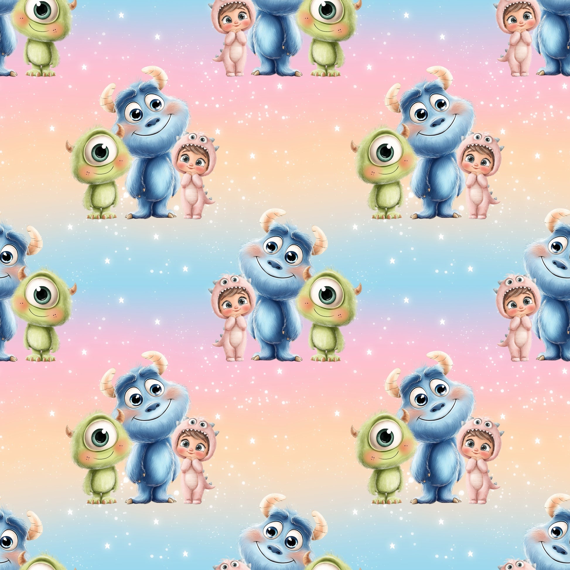 Stoffkachel „Monsterfreunde“ – nahtloses Muster mit blauem Kuschelmonster, kleinem grünem Einauge und Kind im Monsterkostüm auf zartem Regenbogenhintergrund mit Sternchen.