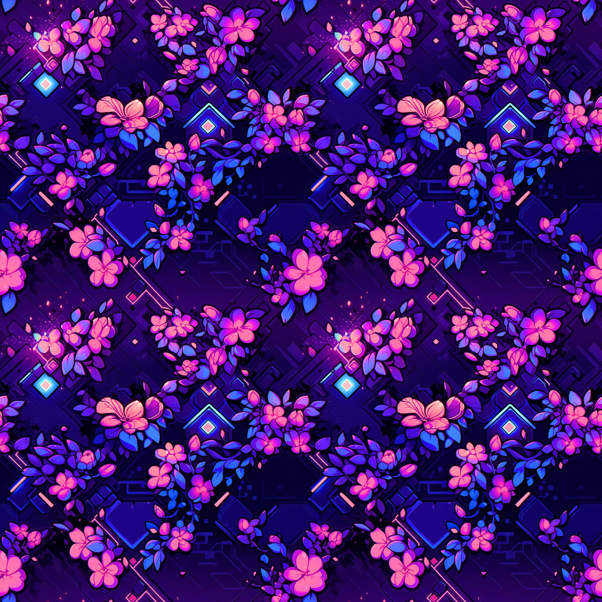 Neon Blossom Stoffdesign mit leuchtenden Blüten und geometrischen Elementen in Pink, Violett und Blau auf dunklem Hintergrund