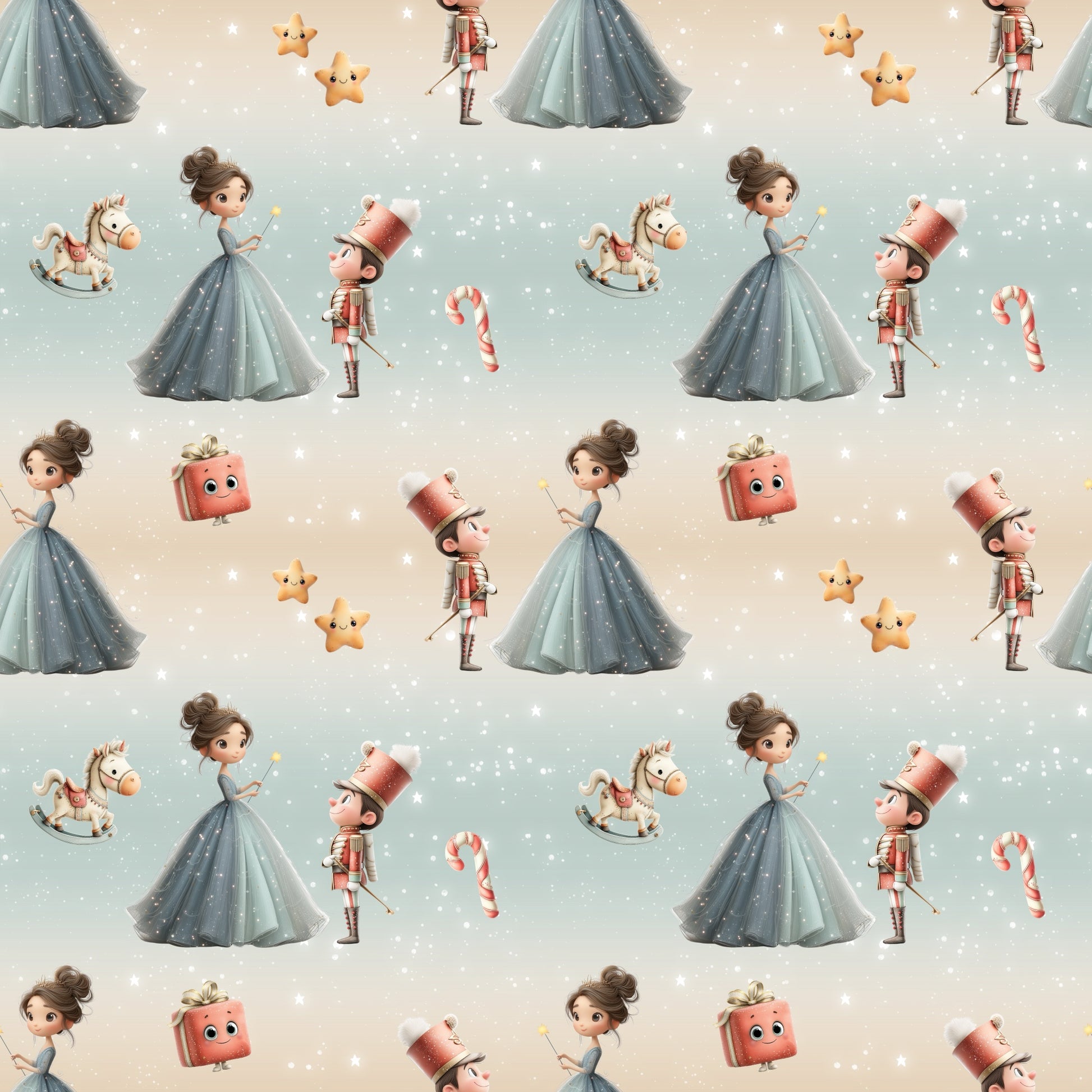 Nahtlos wiederholendes Muster „Nussknacker“ – Figuren aus dem Weihnachtsklassiker mit Tänzerinnen, Nussknackern, Sternen und Geschenken in sanften Pastelltönen