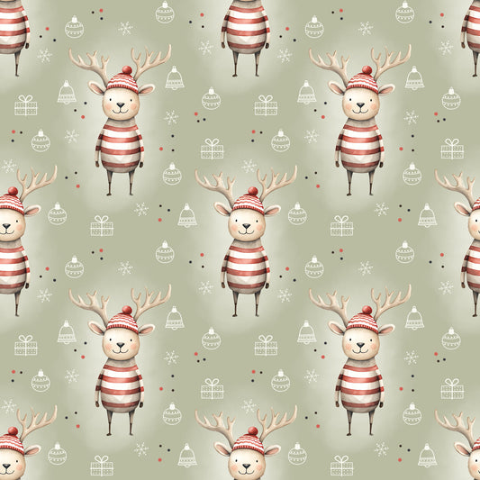 Bedruckter Stoff „Oh Deer“ – fröhliches Rentier mit Weihnachtsdetails für winterliche DIY-Kinderkleidung