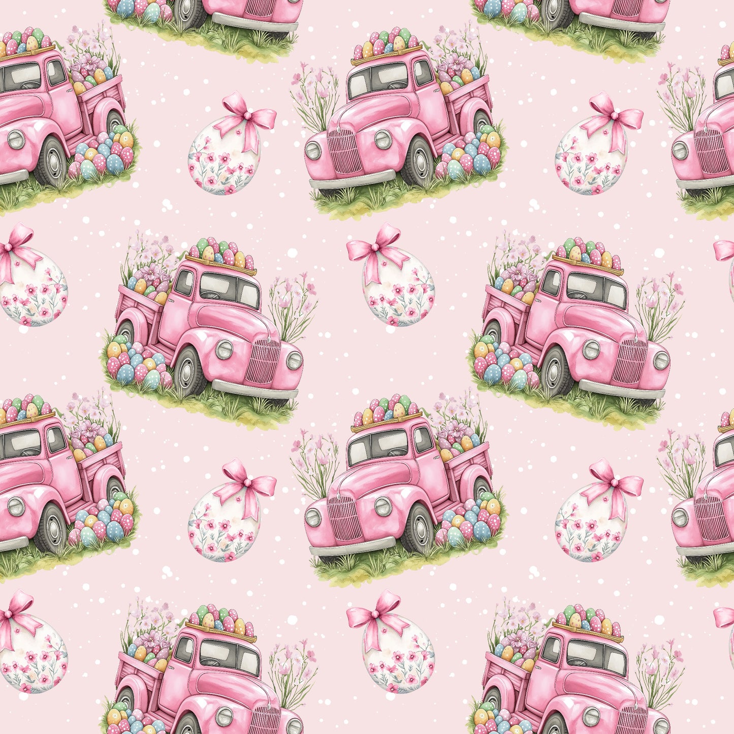 Osterfahrt Rosé Stoffmuster mit Oster-Truck, Ostereiern und Blumen auf zartem Rosé