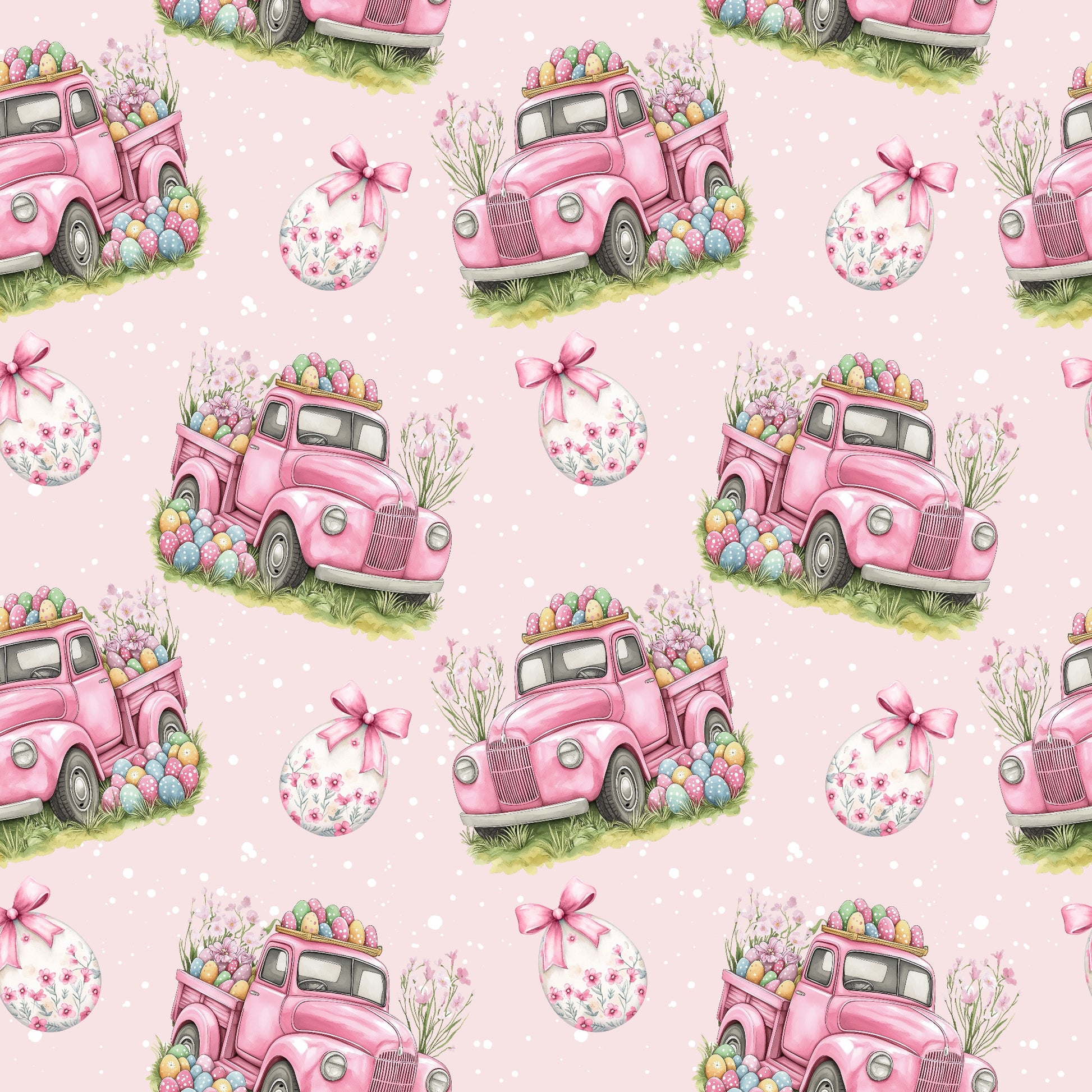 Osterfahrt Rosé Stoffmuster mit Oster-Truck, Ostereiern und Blumen auf zartem Rosé