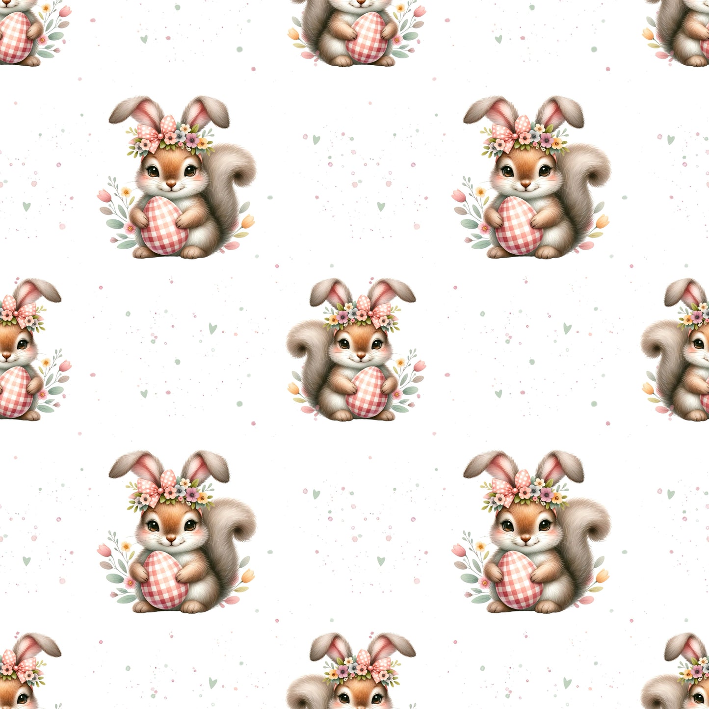 Osterhörnchen Stoffdesign mit süßem Hörnchen, Osterei und floralen Details