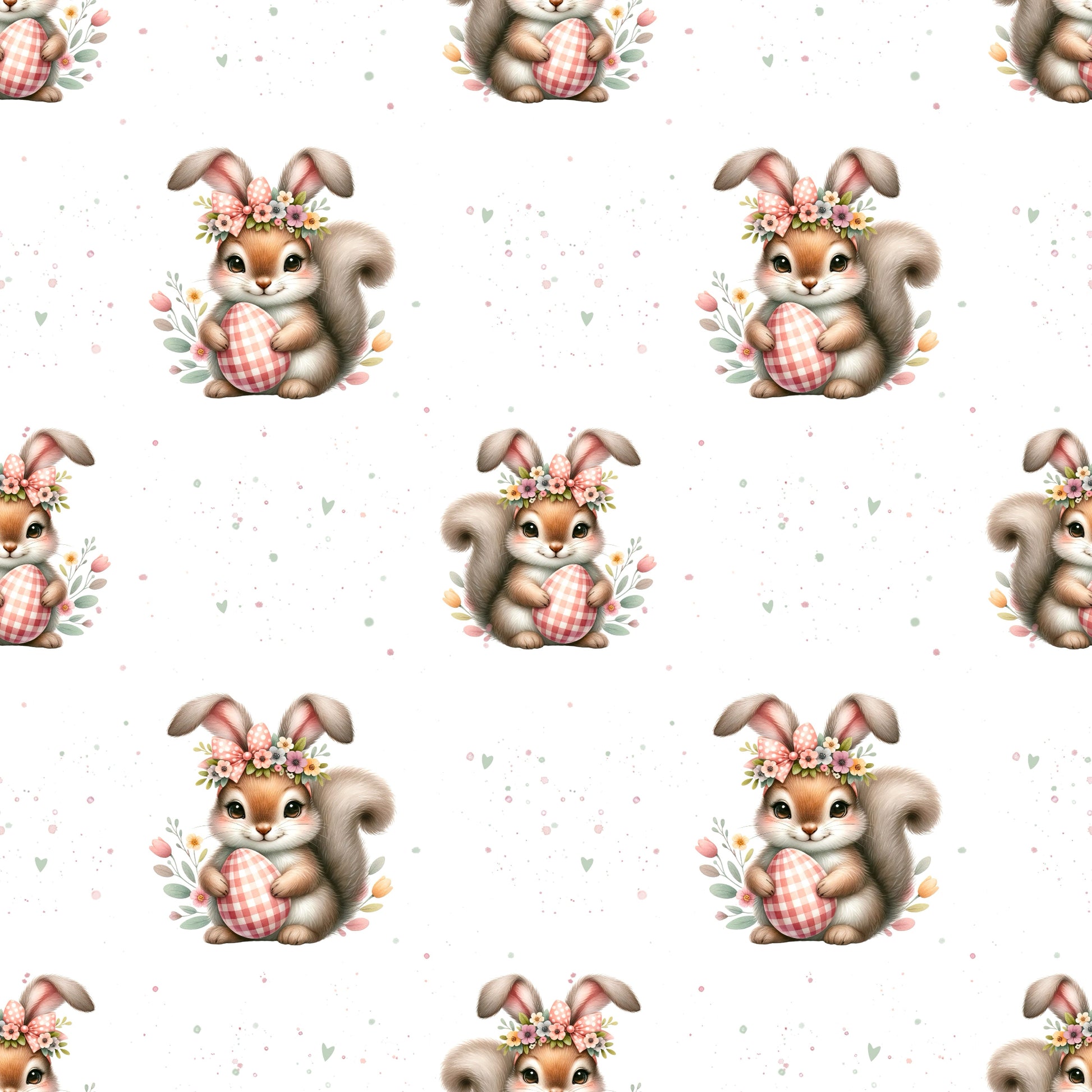 Osterhörnchen Stoffdesign mit süßem Hörnchen, Osterei und floralen Details