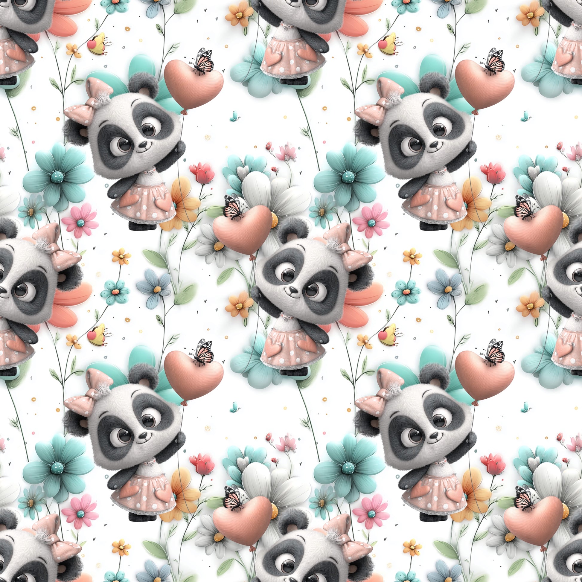 Nahtloses Muster mit süßen Pandas, floralen Details, Schmetterlingen und Herzmotiven in Rosé und Mint