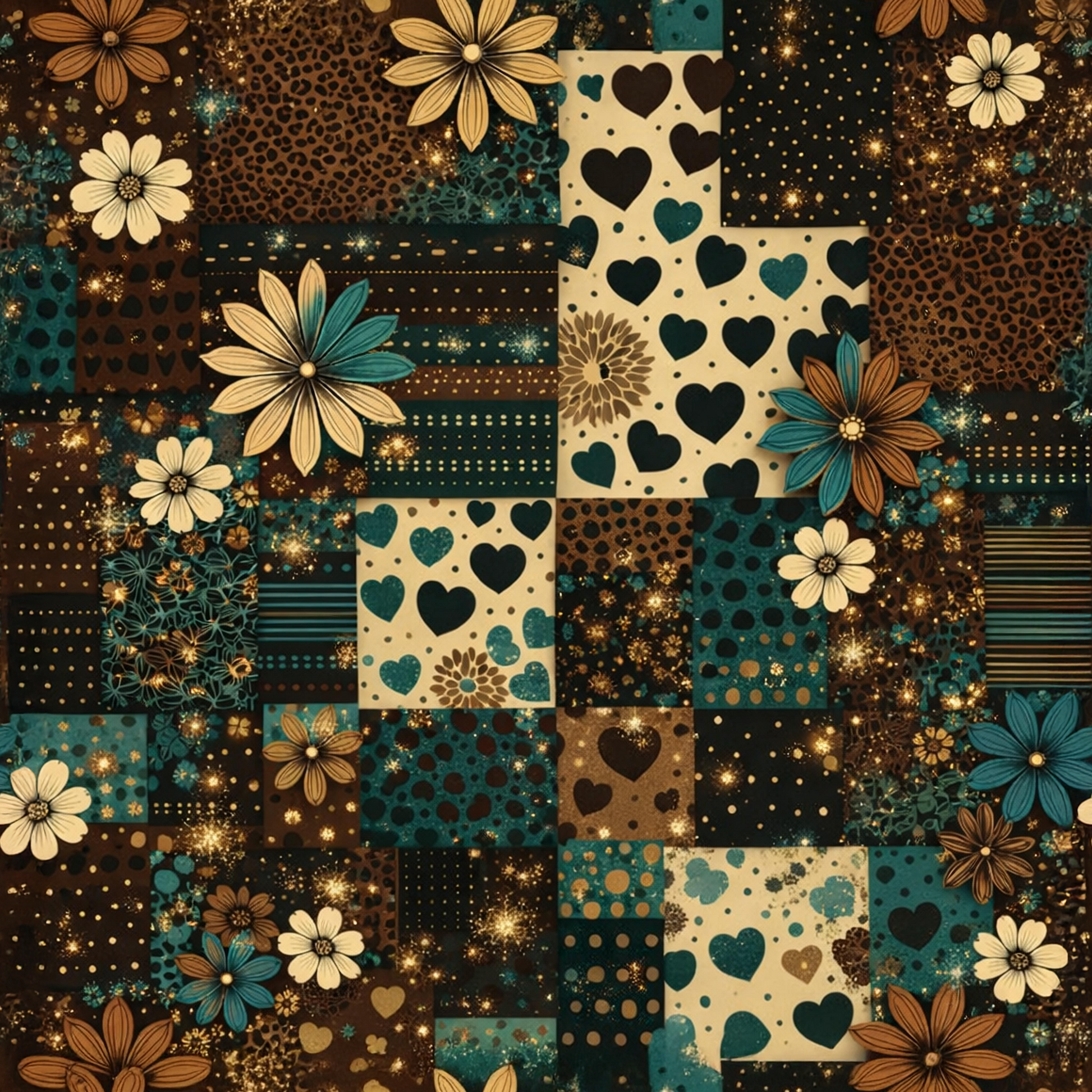 Patchwork Dreams Petrol Allover-Muster mit Herzen, Blüten und dekorativen Patchwork-Feldern in Petrol, Creme, Braun und goldenen Akzenten für kreative Nähprojekte
