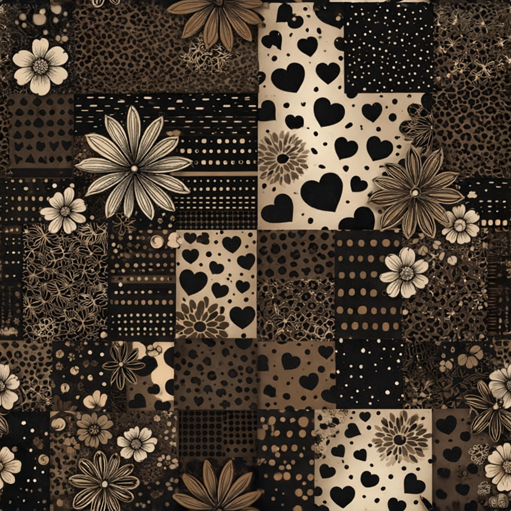 Patchwork Dreams Rustic Allover-Muster mit Herzen, Blumen und dekorativen Patchwork-Feldern in warmen Naturtönen für kreative Nähprojekte und Kinderkleidung