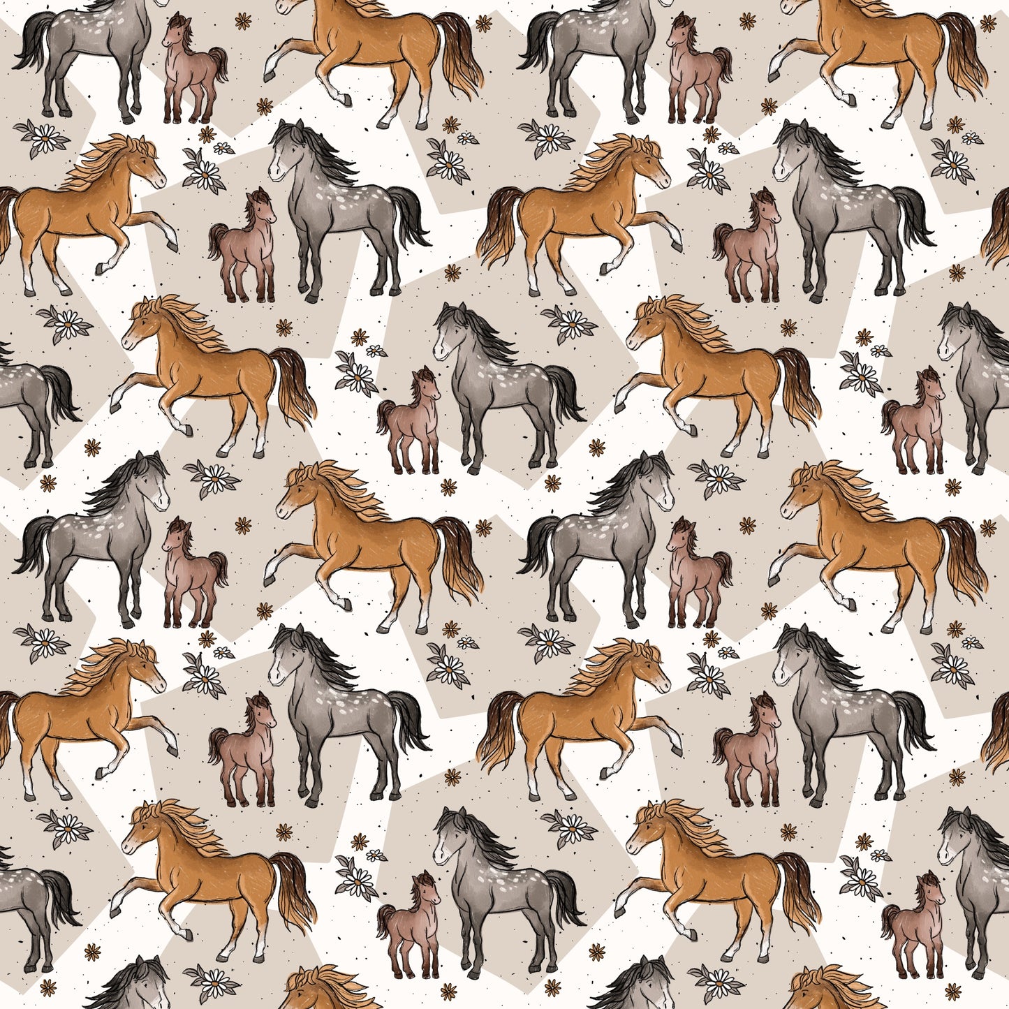 Nahtlos wiederholendes Muster „Pferde Scratch“ – verschiedene Pferde und Fohlen, umgeben von Blumen und Blättern in warmen Naturtönen