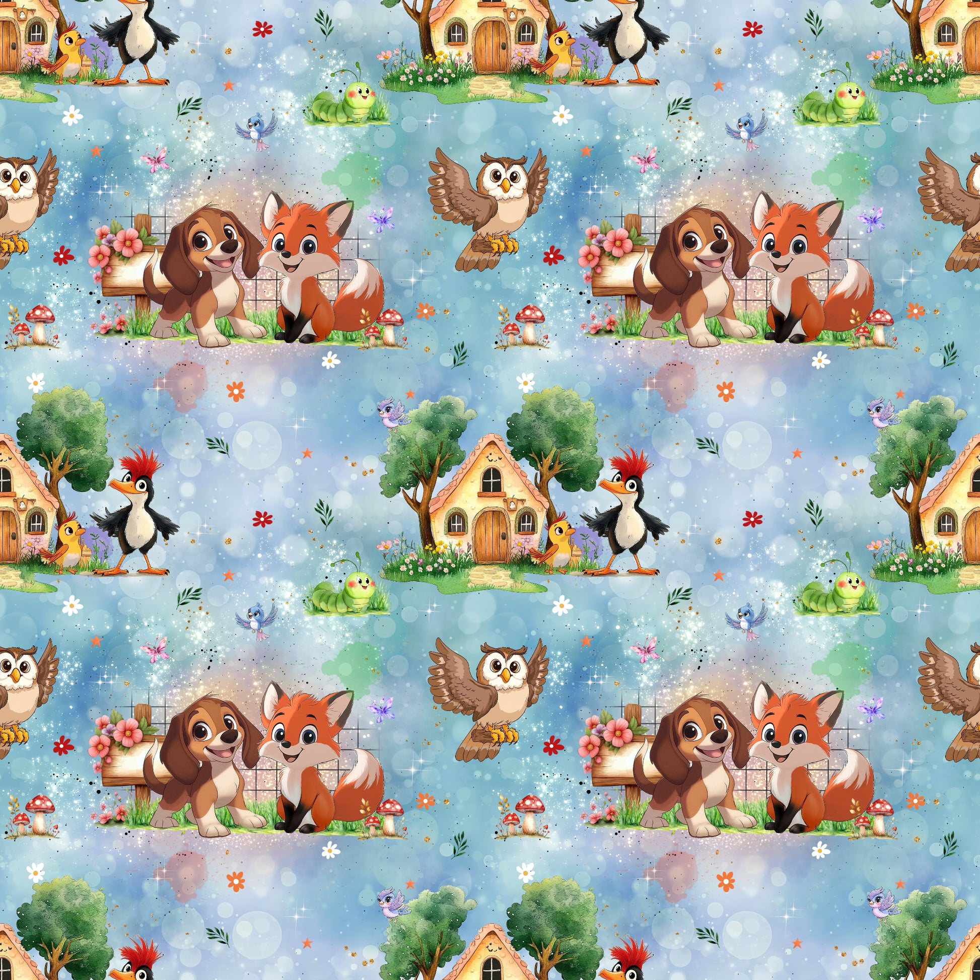 Nahtloses Stoffmuster mit dem Design „Pfotenfreunde“ mit Waldbewohnern und Märchenhaus.