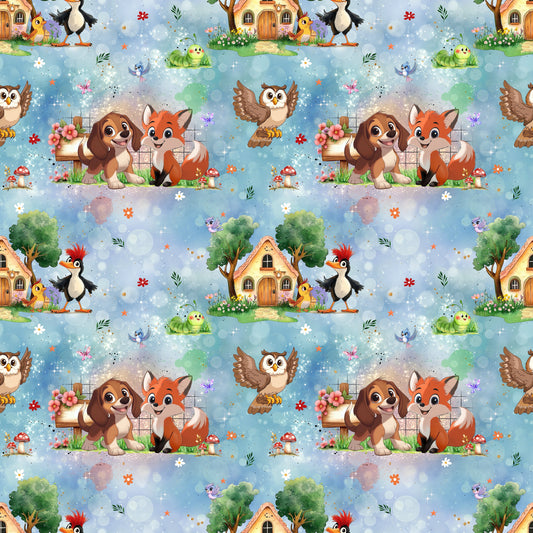 Nahtloses Stoffmuster mit dem Design „Pfotenfreunde“ mit Waldbewohnern und Märchenhaus.