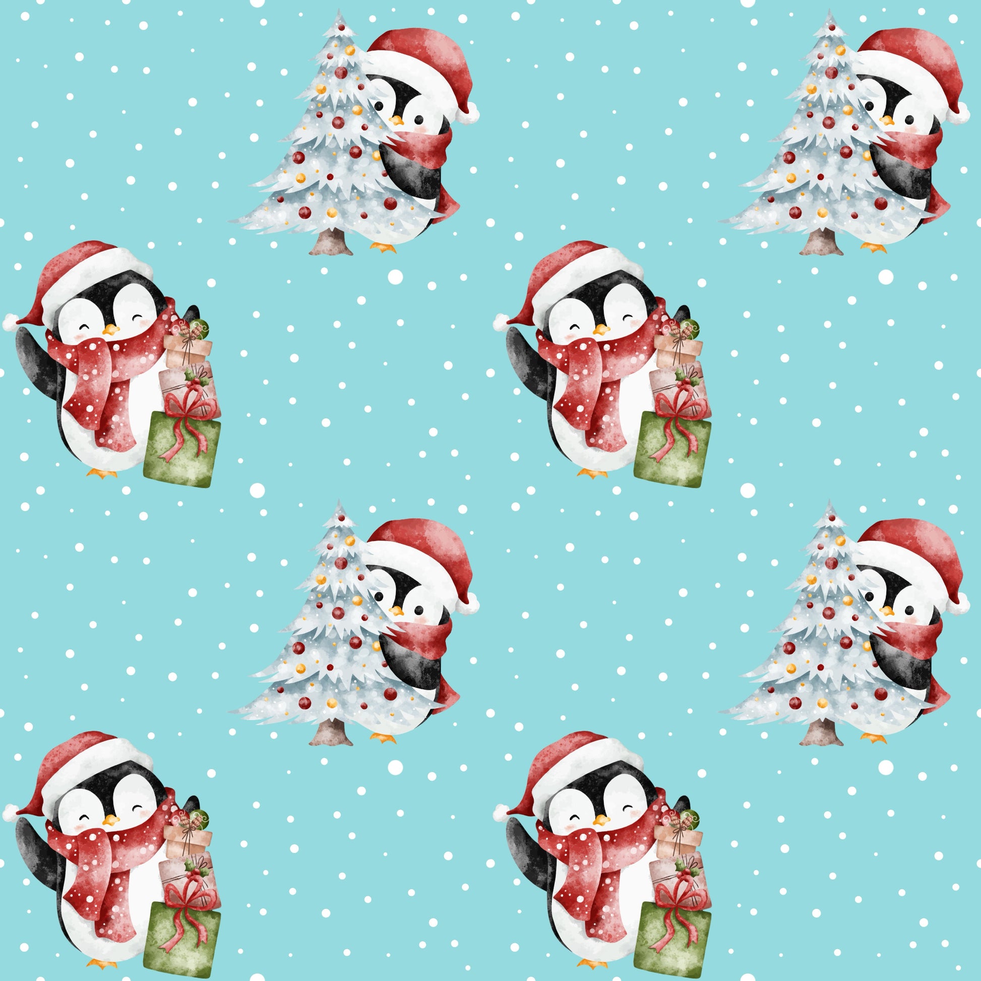 Festlicher Stoff „Süße Pinguine“ – fröhliche Pinguine im Schnee mit Weihnachtsbaum und Geschenken für kreative Nähideen.