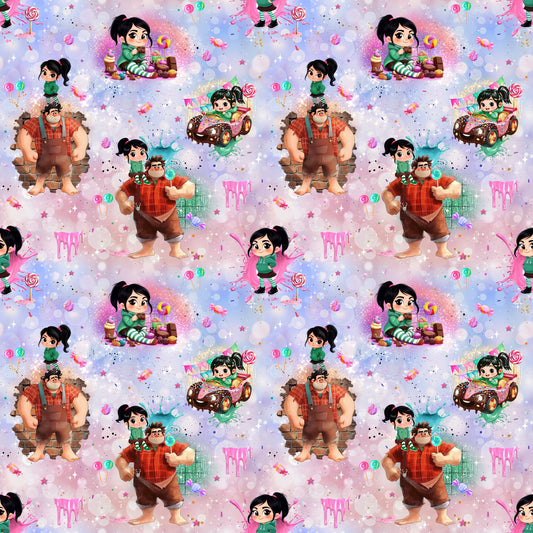 Nahtloses Stoffdesign „Pixelabenteuer – Zuckerwelt & Arcade-Freunde“ mit Retro-Gaming-Motiven.