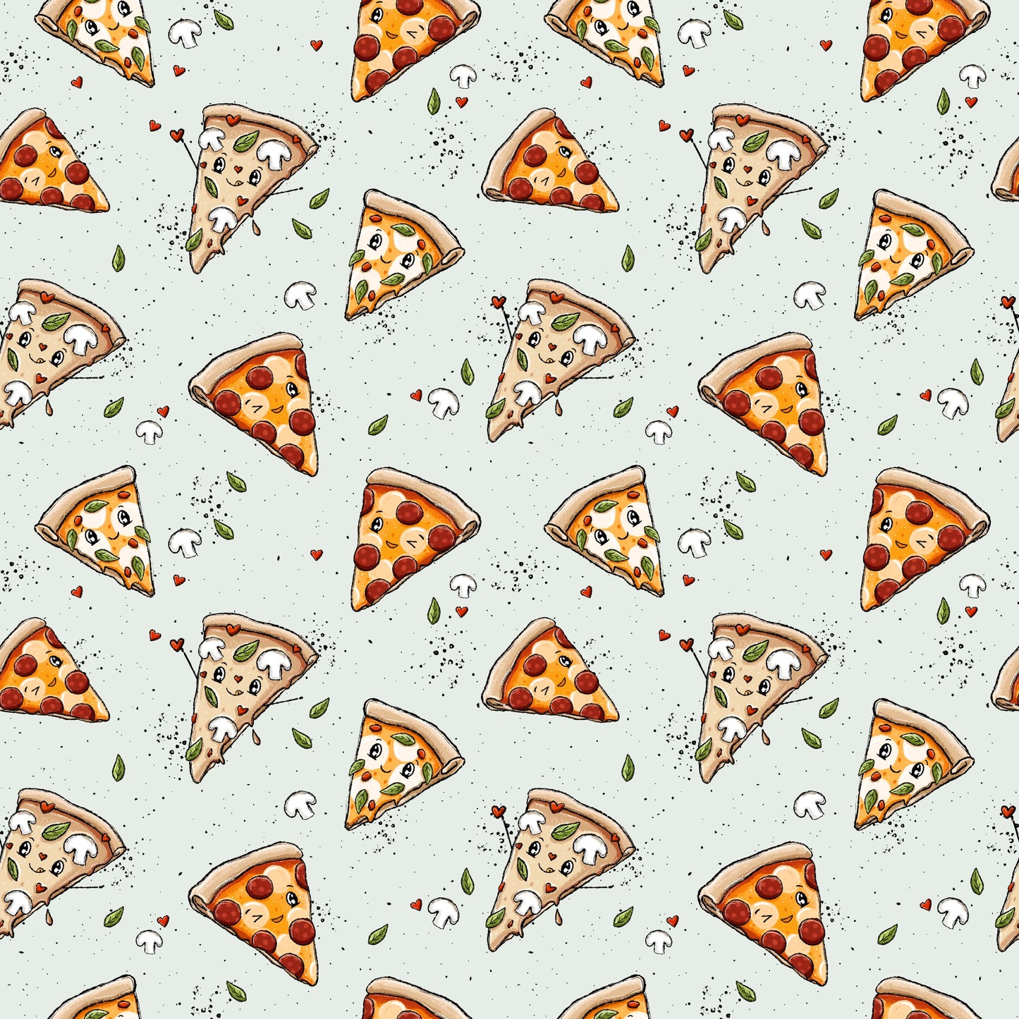 nahtloses Muster mit fröhlichen Pizzastücken, Basilikumblättern, Pilzen und Herzchen auf mintfarbenem Hintergrund, Katzengold-Designs