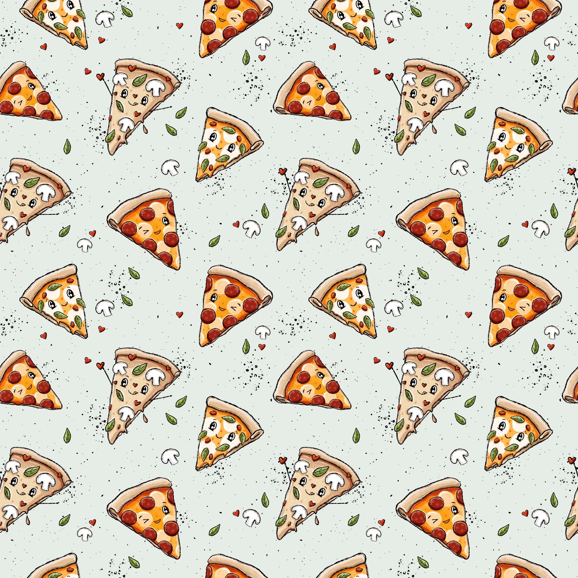nahtloses Muster mit fröhlichen Pizzastücken, Basilikumblättern, Pilzen und Herzchen auf mintfarbenem Hintergrund, Katzengold-Designs