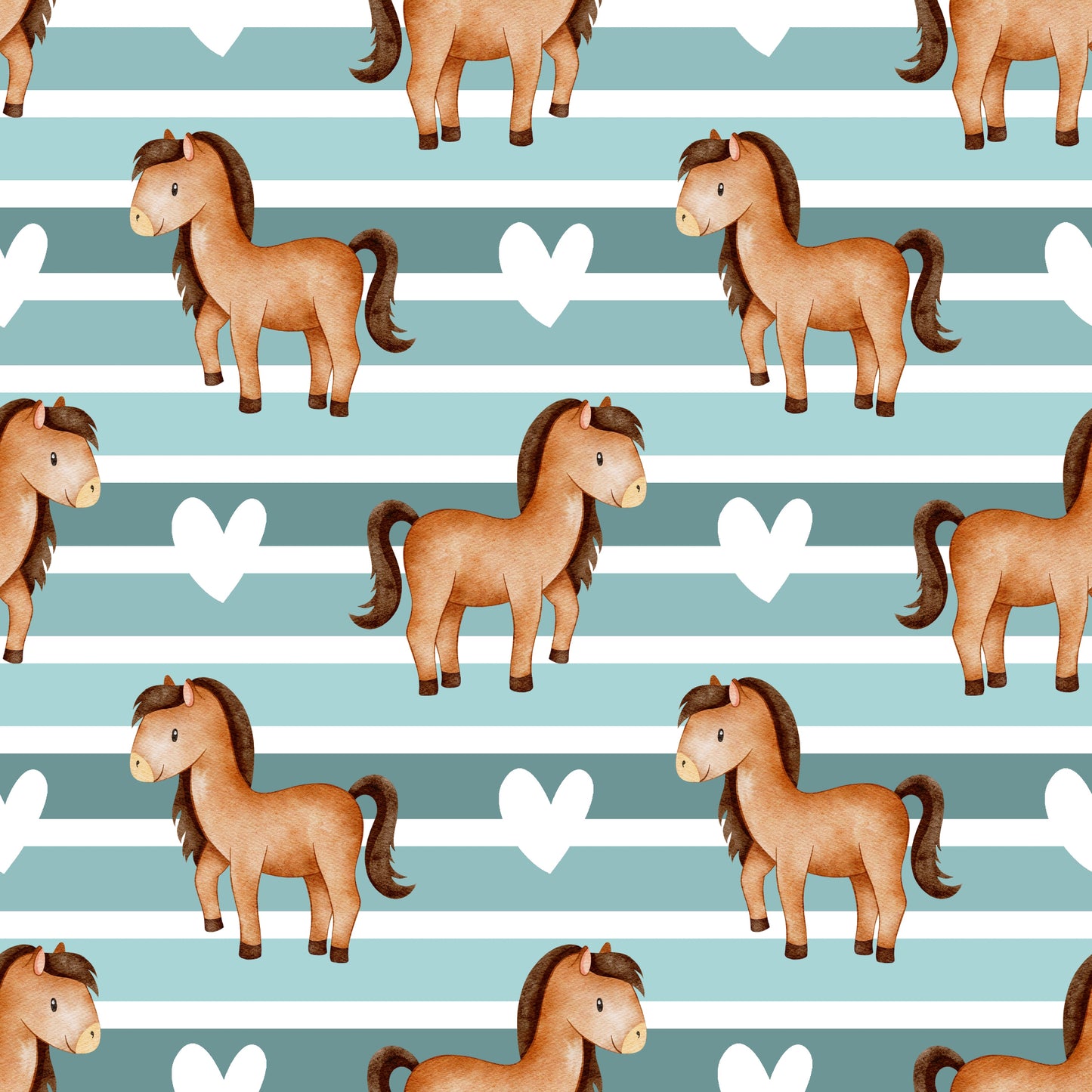 Naheaufnahme des Stoffmusters „Ponyliebe“ mit kleinen Ponys, Herzen und sanften Streifen in warmen Naturtönen.