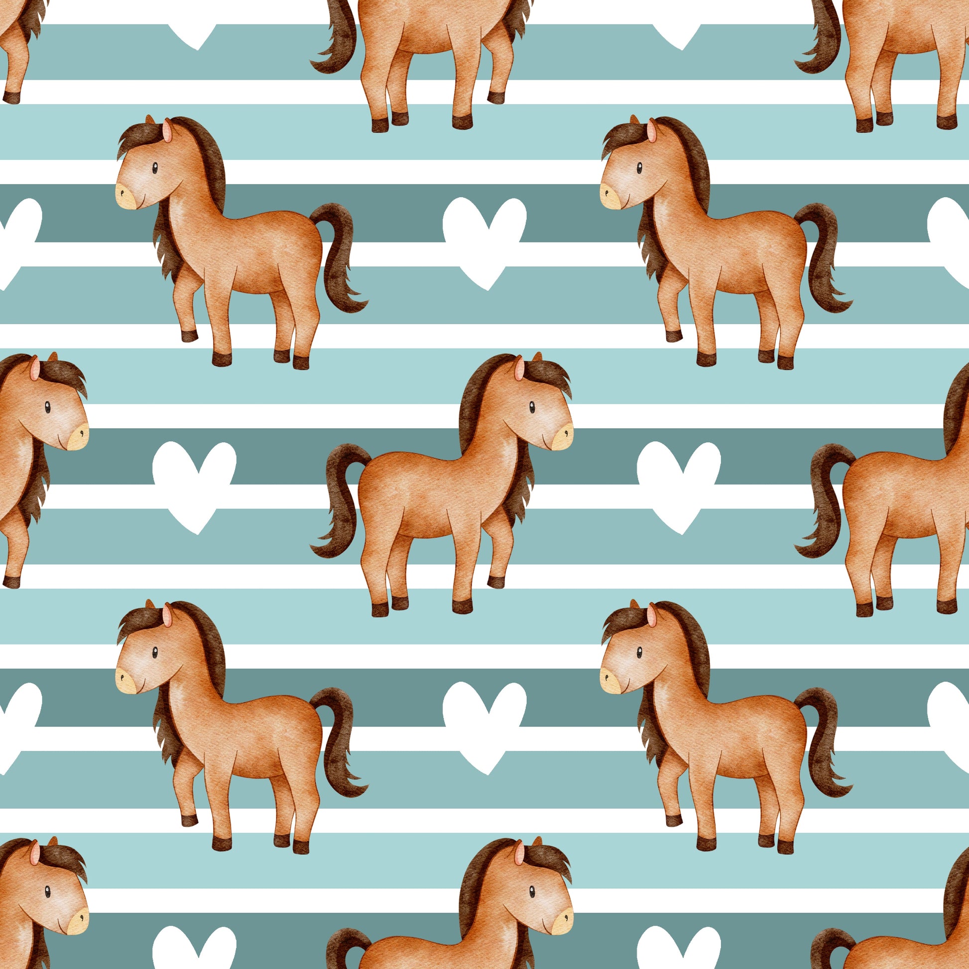 Naheaufnahme des Stoffmusters „Ponyliebe“ mit kleinen Ponys, Herzen und sanften Streifen in warmen Naturtönen.