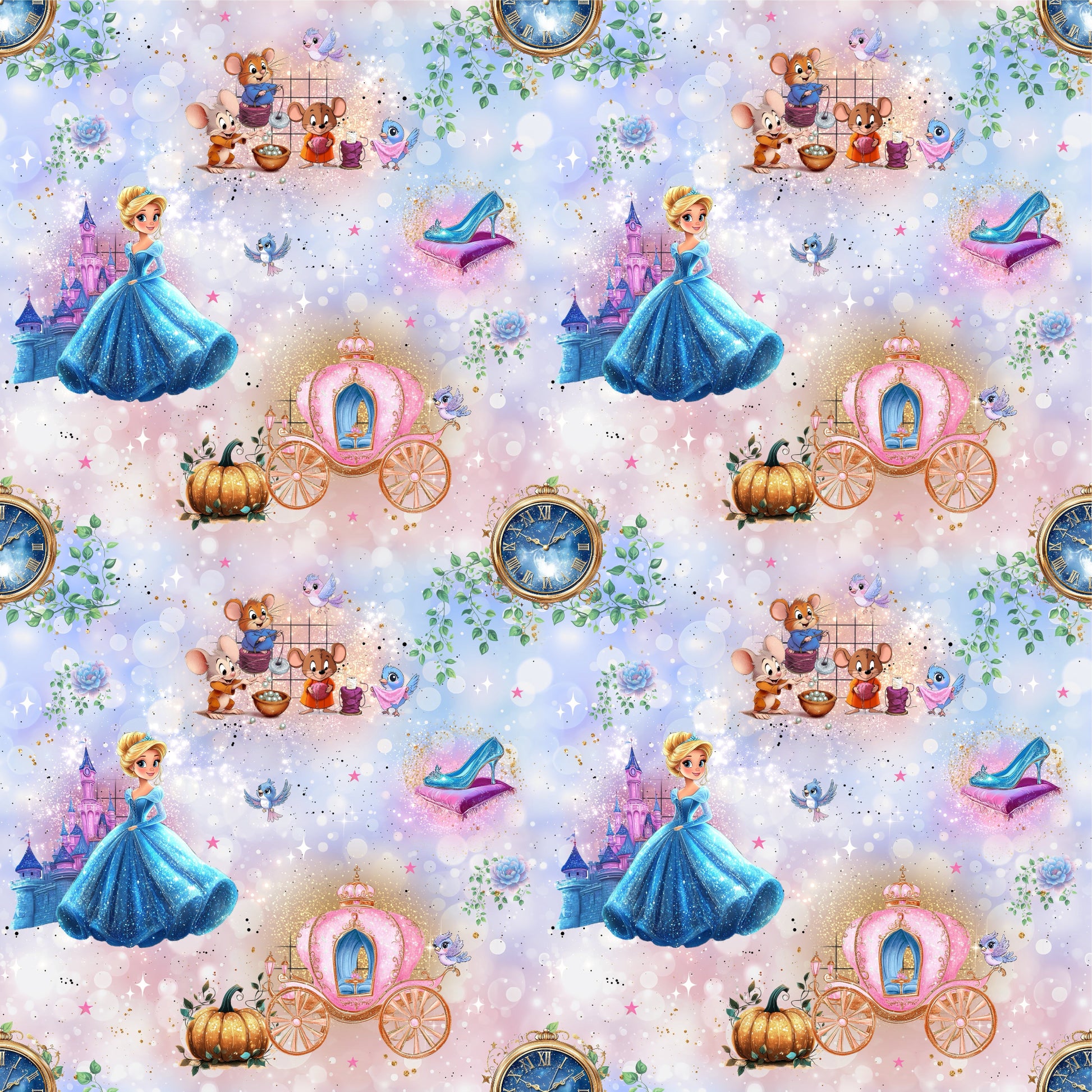 Stoffkachel „Prinzessin der Mitternacht“: nahtloses Muster mit Prinzessin, rosa Kutsche, Uhr kurz vor zwölf, Glasschuh, Schloss, Kürbis, Mäusen und Rosenranken vor glitzerndem Pastellhimmel mit Sternen.