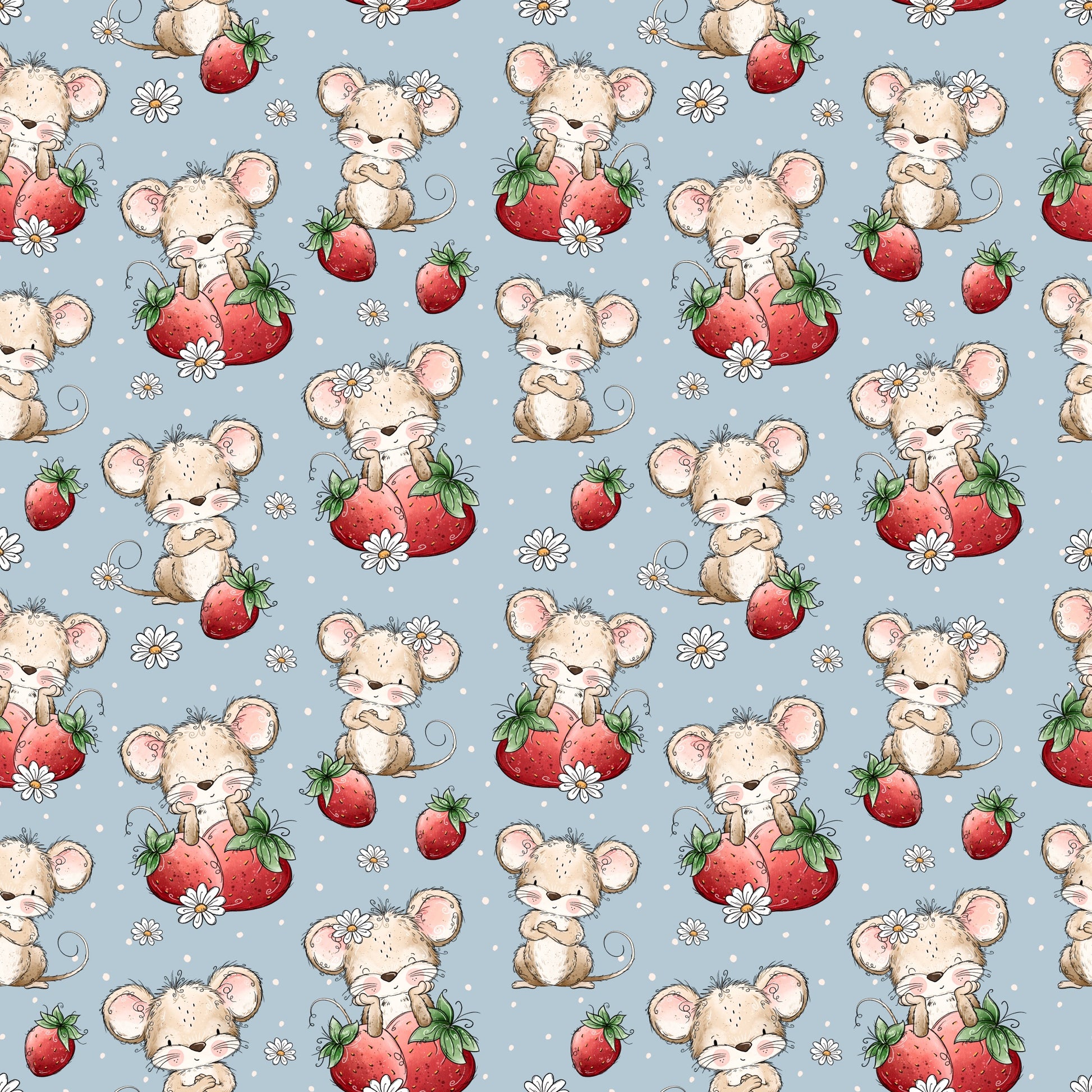 Detailansicht des Stoffdesigns „Erdbeermäuschen“ von Katzengold-Designs mit niedlichen Mäuschen, Erdbeeren und feinen Punkten in harmonischer Farbwelt.