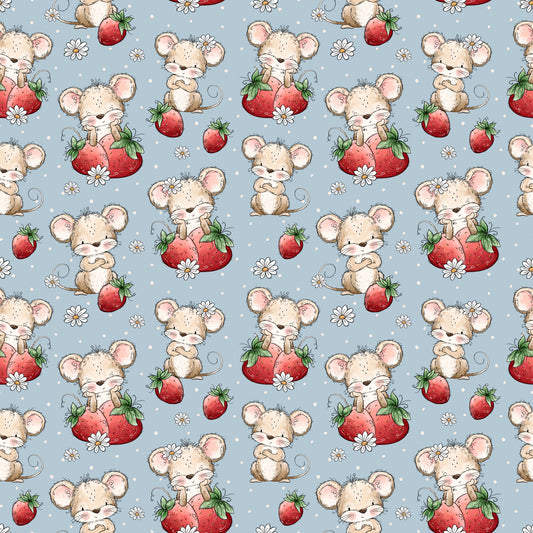 Detailansicht des Stoffdesigns „Erdbeermäuschen“ von Katzengold-Designs mit niedlichen Mäuschen, Erdbeeren und feinen Punkten in harmonischer Farbwelt.