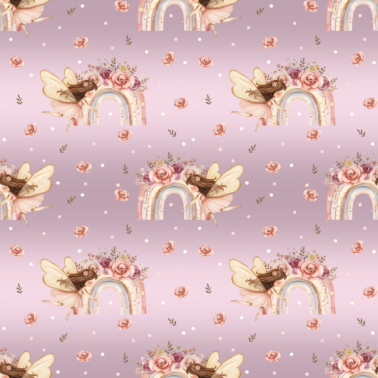 Nahtloses Regenbogenfee Design mit Fee, Blüten und pastelligem Regenbogen auf altrosa Hintergrund