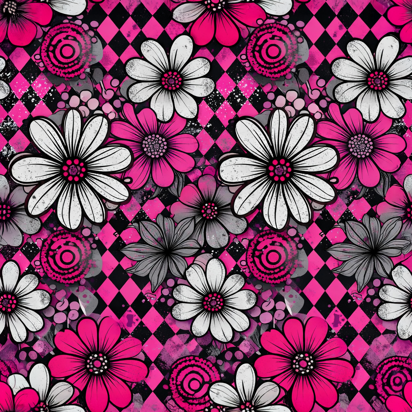 Rock'n Daisy Allover-Muster mit großen Blumen in Pink, Weiß und Grau auf schwarzem und pinkem Rautenhintergrund für kreative Nähprojekte