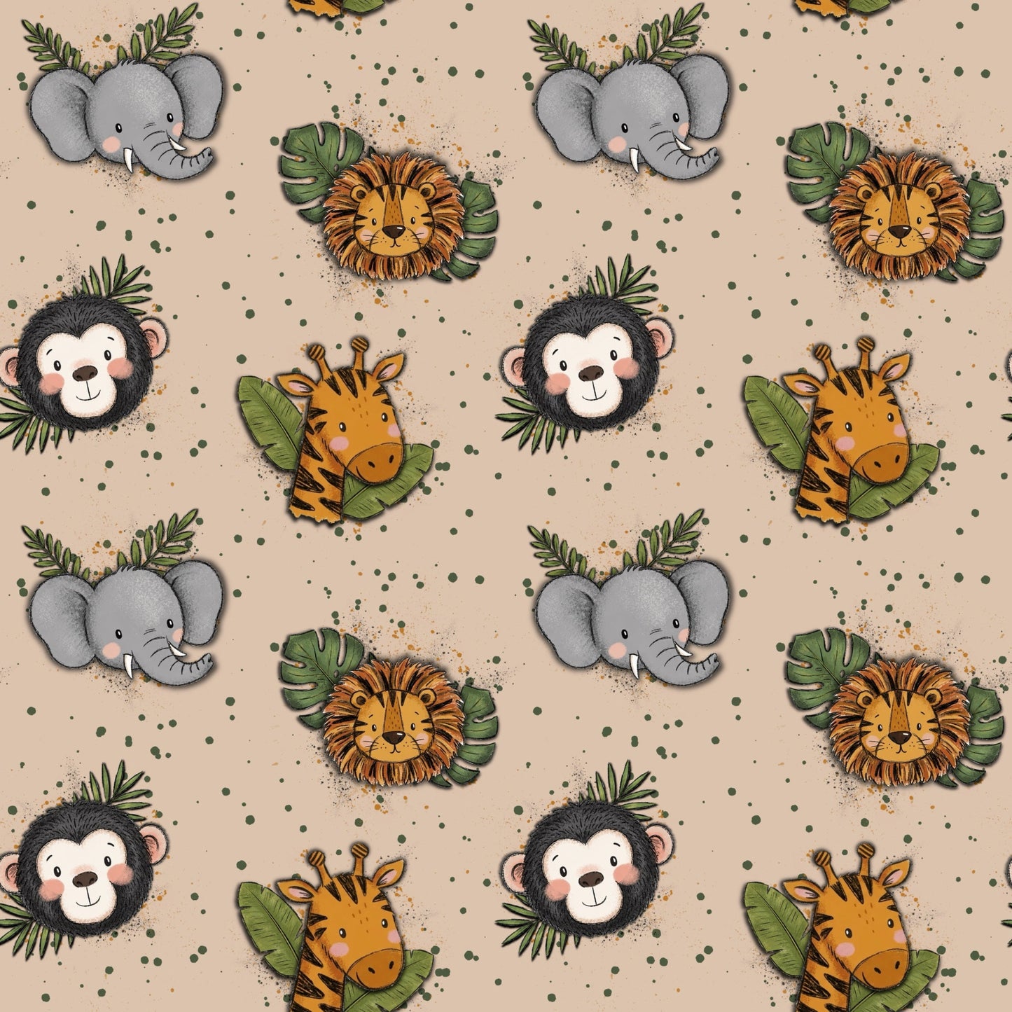 Safari Stoff Beige mit Löwe, Elefant, Affe und Giraffe im niedlichen Aquarellstil auf hellem Hintergrund.
