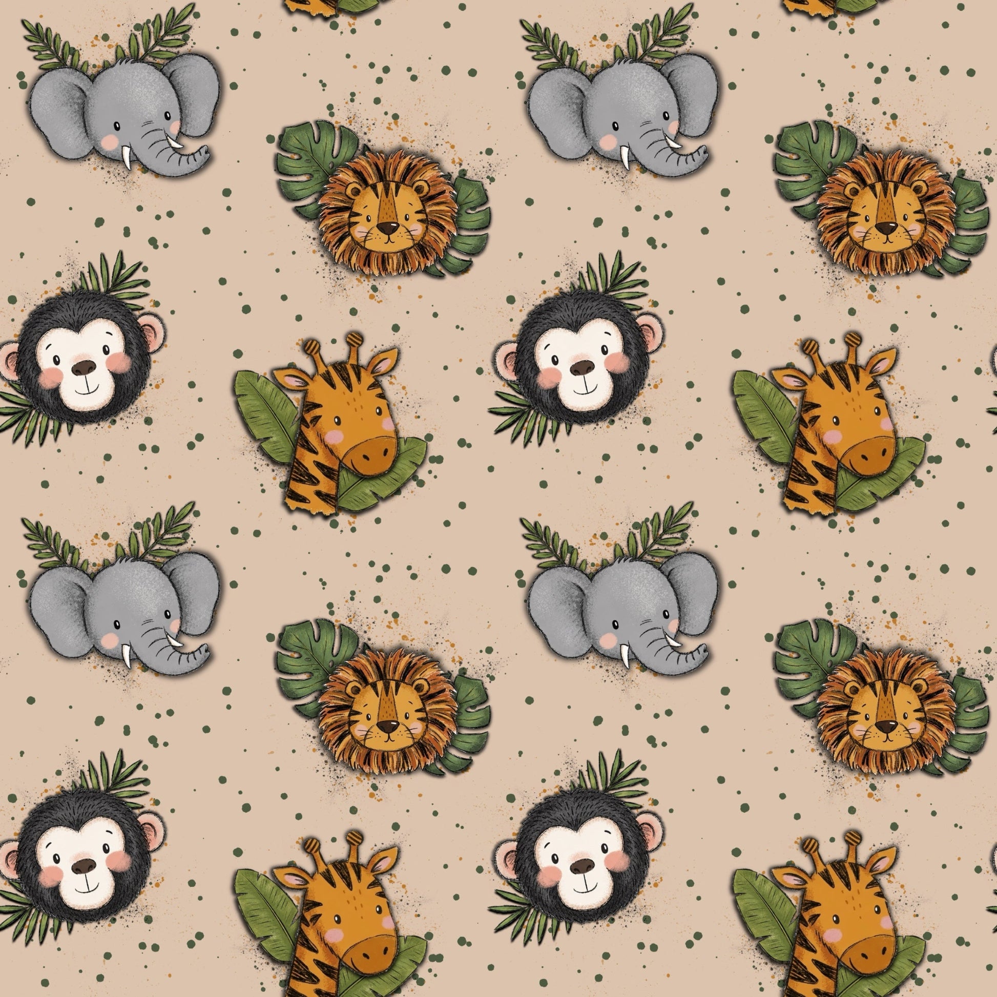 Safari Stoff Beige mit Löwe, Elefant, Affe und Giraffe im niedlichen Aquarellstil auf hellem Hintergrund.