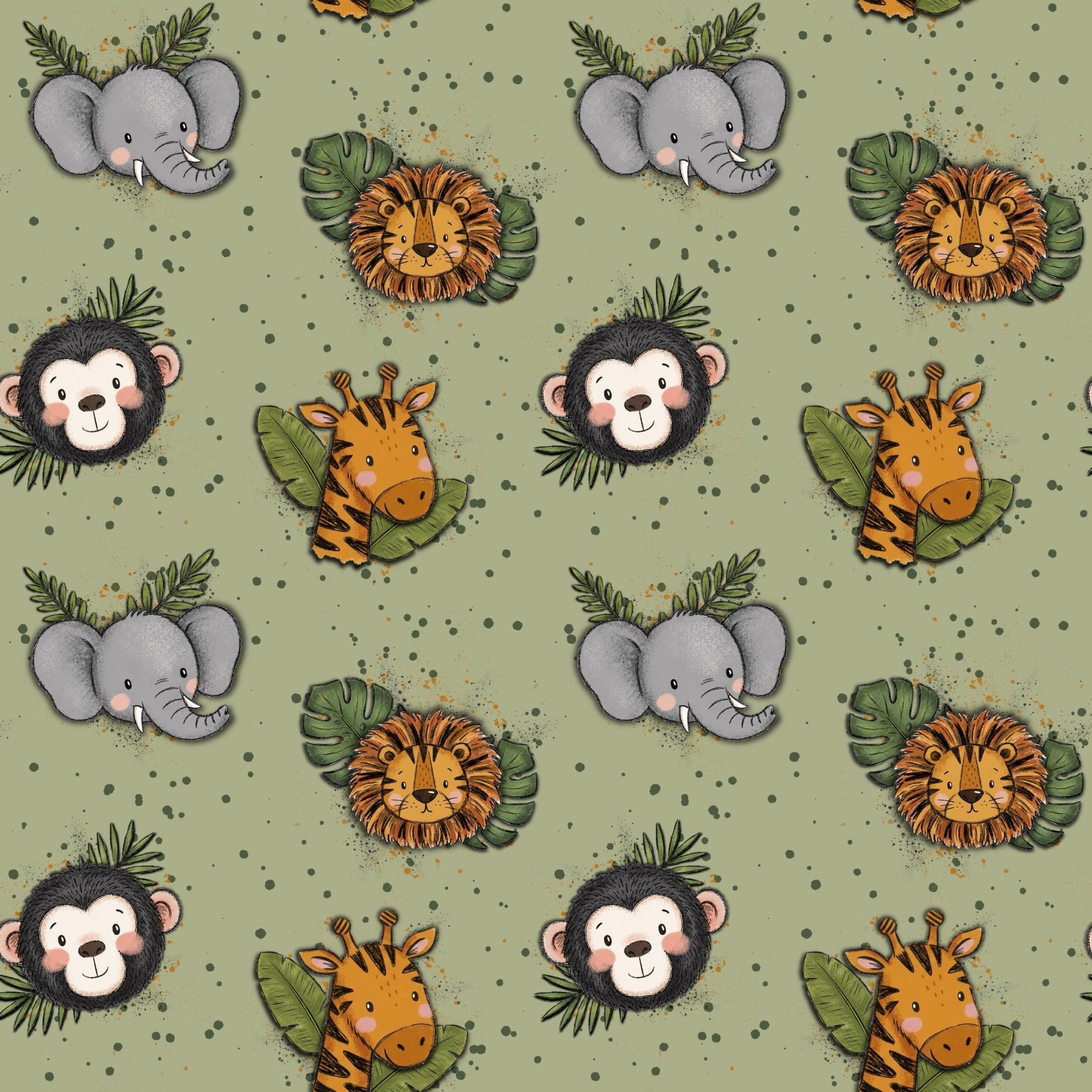 Safari Stoff Salbei mit Löwe, Elefant, Affe und Giraffe im liebevollen Dschungel-Design.