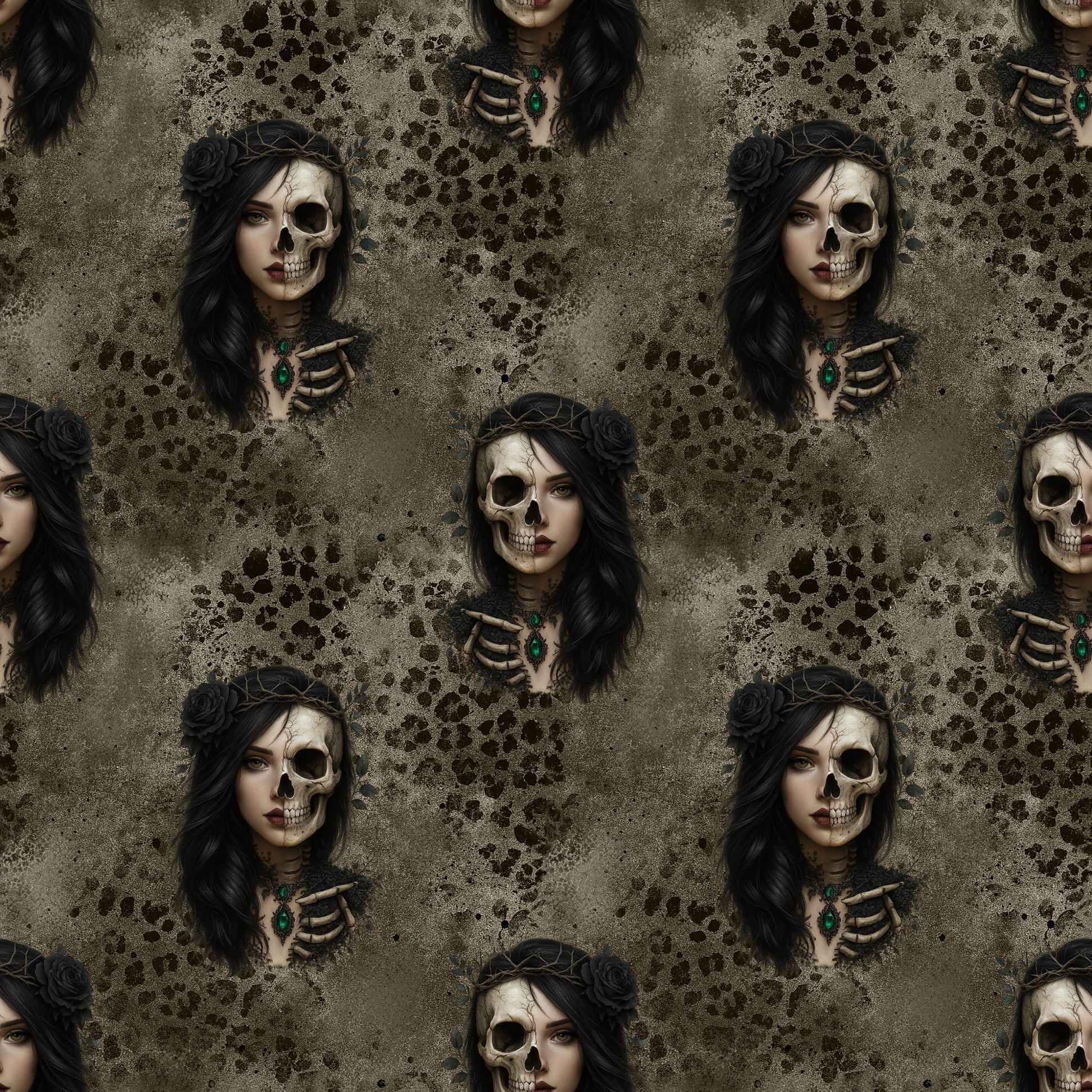 Nahtlose Schattenprinzessin Stoffkachel mit mystischem Frauensujet, Schädelhälfte, schwarzer Rose und dunklem, texturiertem Hintergrund