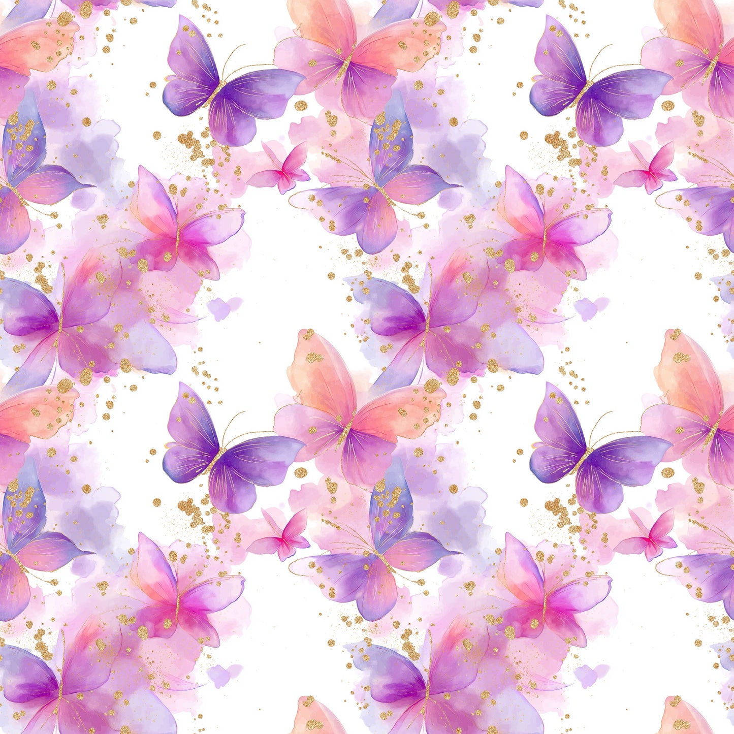 Wiederholendes Muster aus farbenfrohen Aquarell-Schmetterlingen und goldenen Sprenkeln – Design „Schmetterlingstanz“.