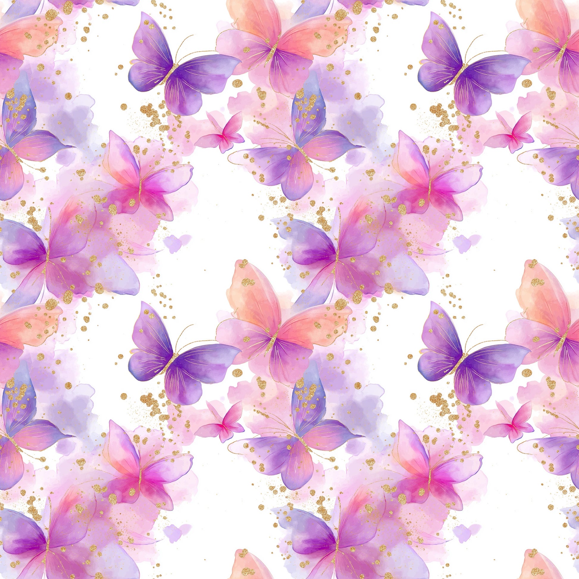 Wiederholendes Muster aus farbenfrohen Aquarell-Schmetterlingen und goldenen Sprenkeln – Design „Schmetterlingstanz“.