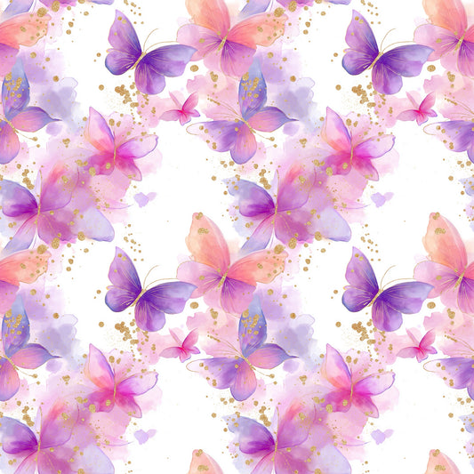 Wiederholendes Muster aus farbenfrohen Aquarell-Schmetterlingen und goldenen Sprenkeln – Design „Schmetterlingstanz“.