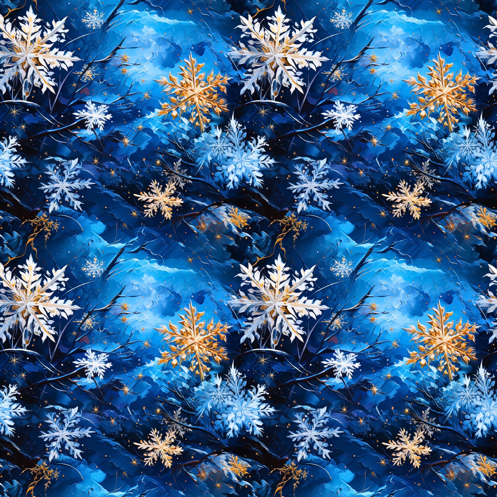 Eleganter Stoff „Schneeflocken“ – winterliches Muster mit goldenen und weißen Schneeflocken für festliche Nähideen.